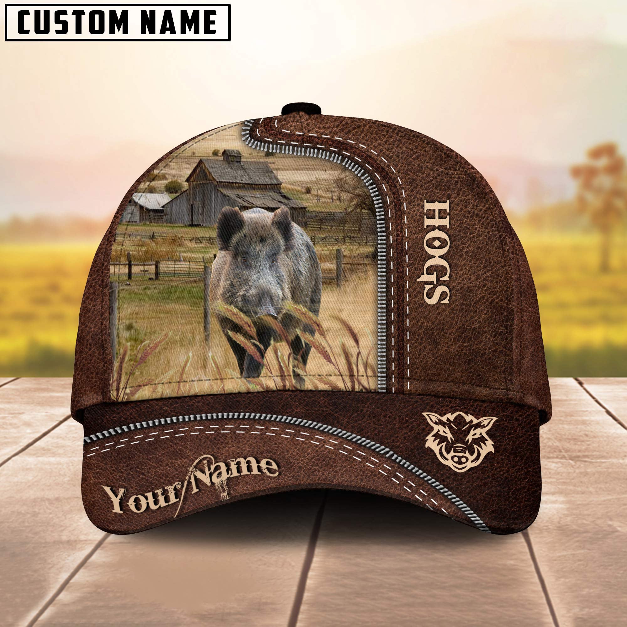 Hogs Customized Name Leather Pattern Cap