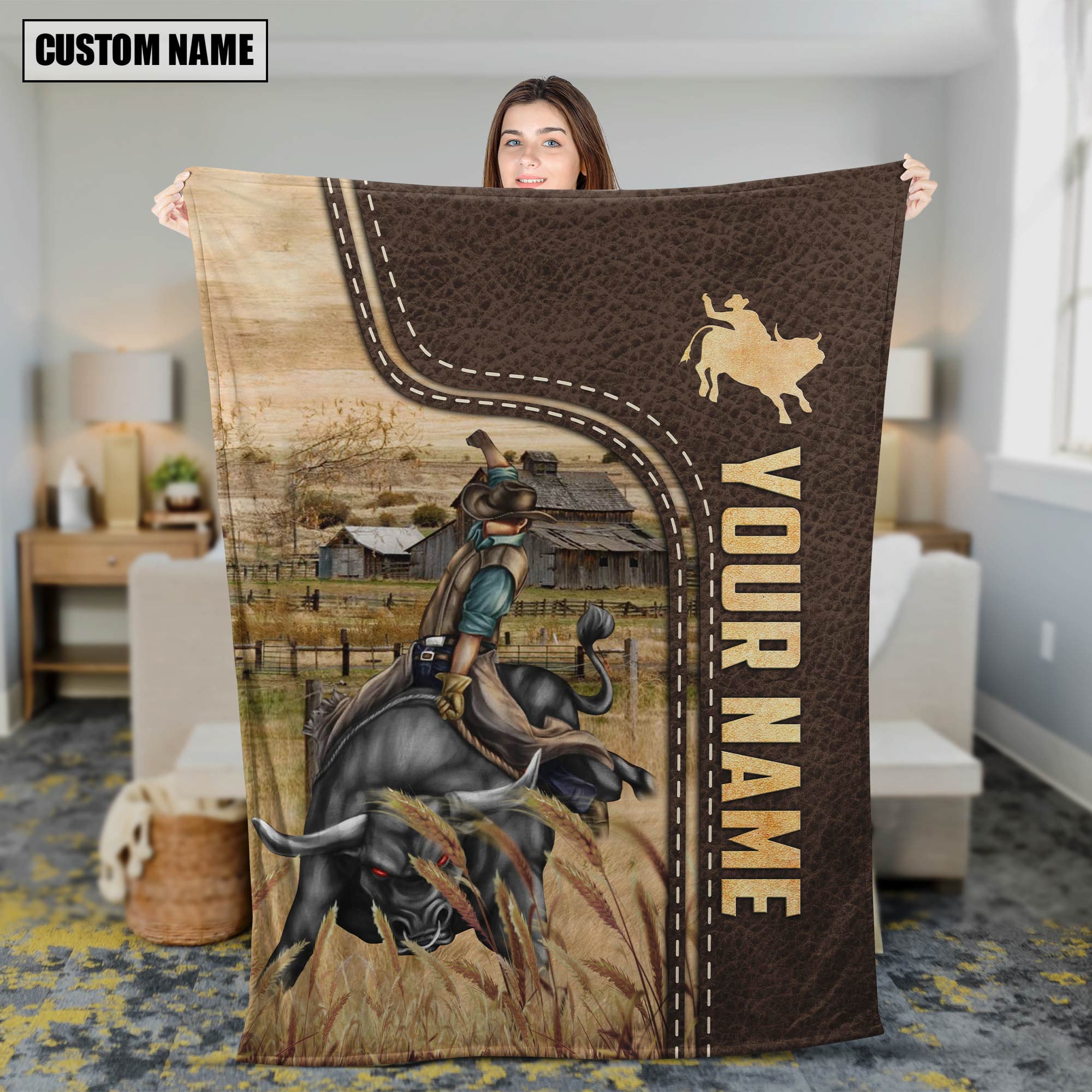 Personalized Name Cowboy Leather Pattern Blanket