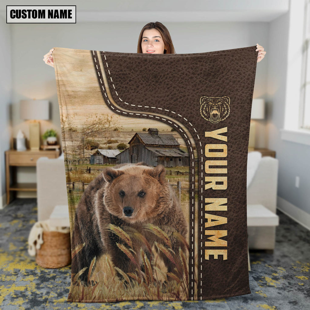 Personalized Name Bear Leather Pattern Blanket