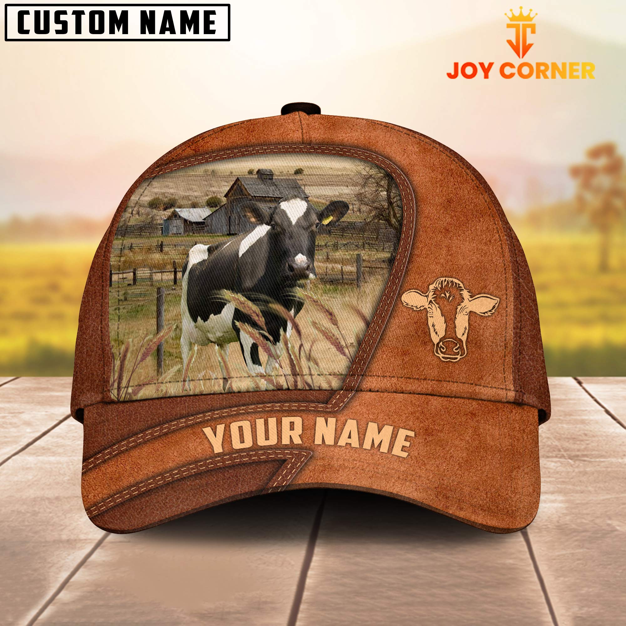Holstein Customized Name Brown Leather Pattern Cap