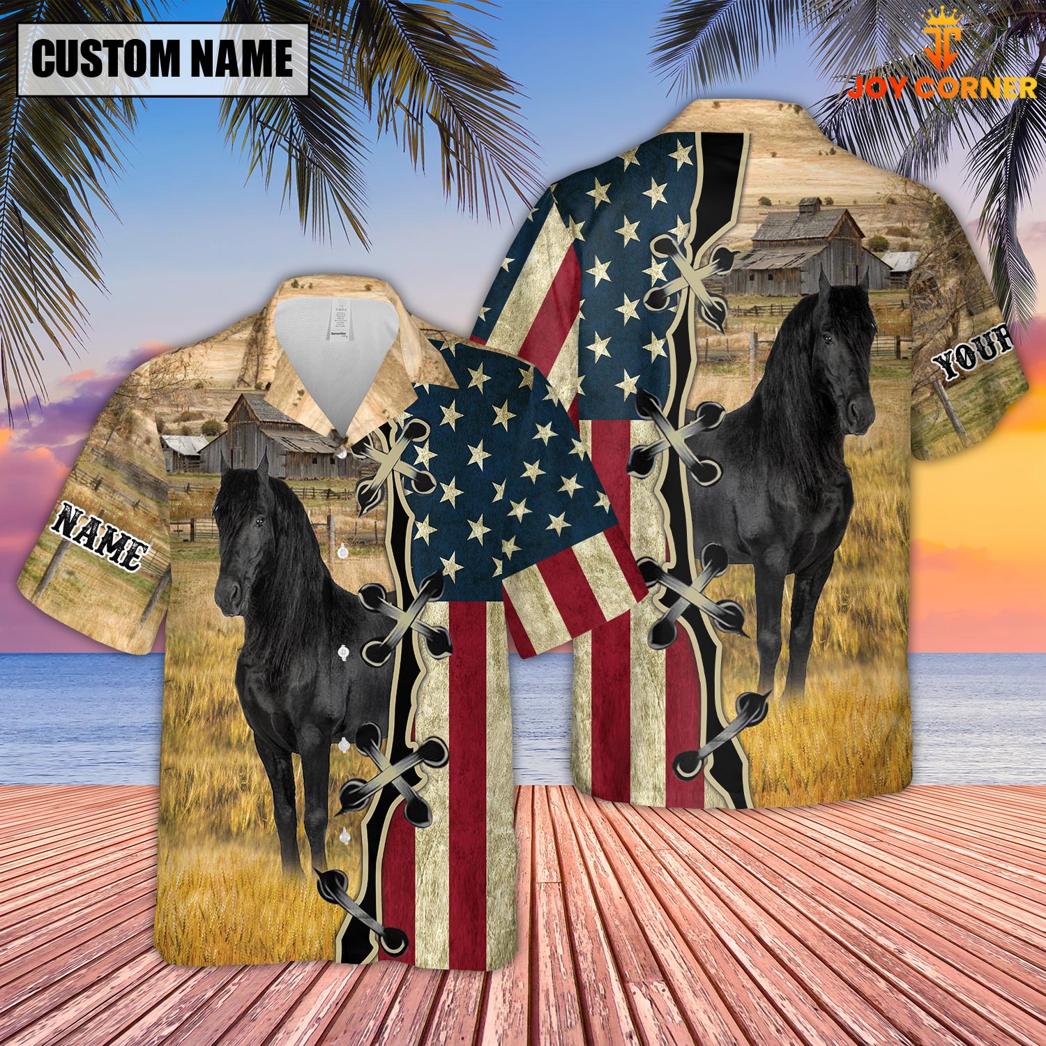 Black Horse On Farms Custom Name American Flag 3D Shirt