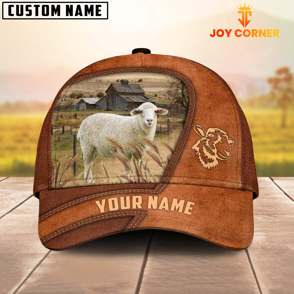 Sheep Customized Name Brown Leather Pattern Cap