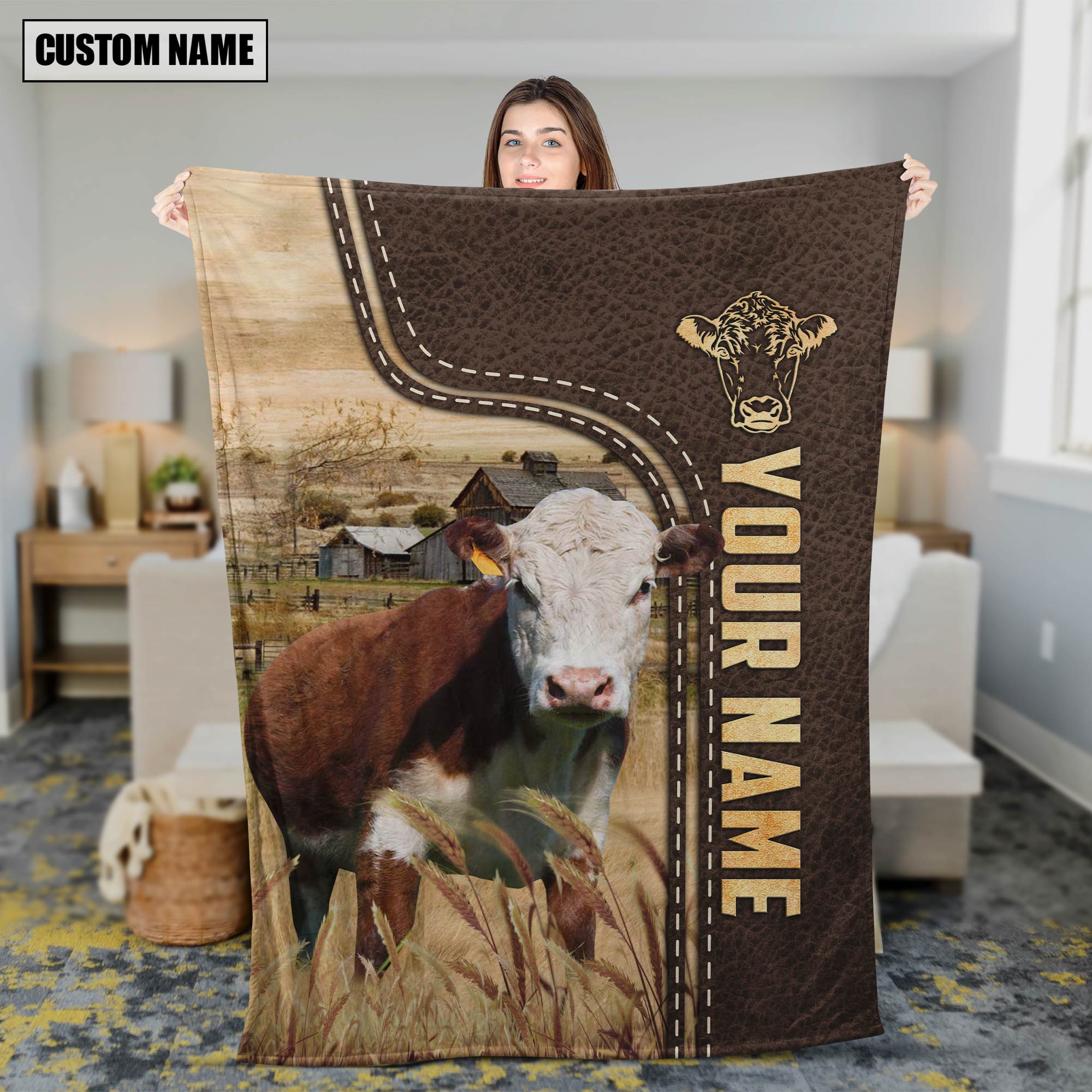 Personalized Name Hereford Leather Pattern Blanket