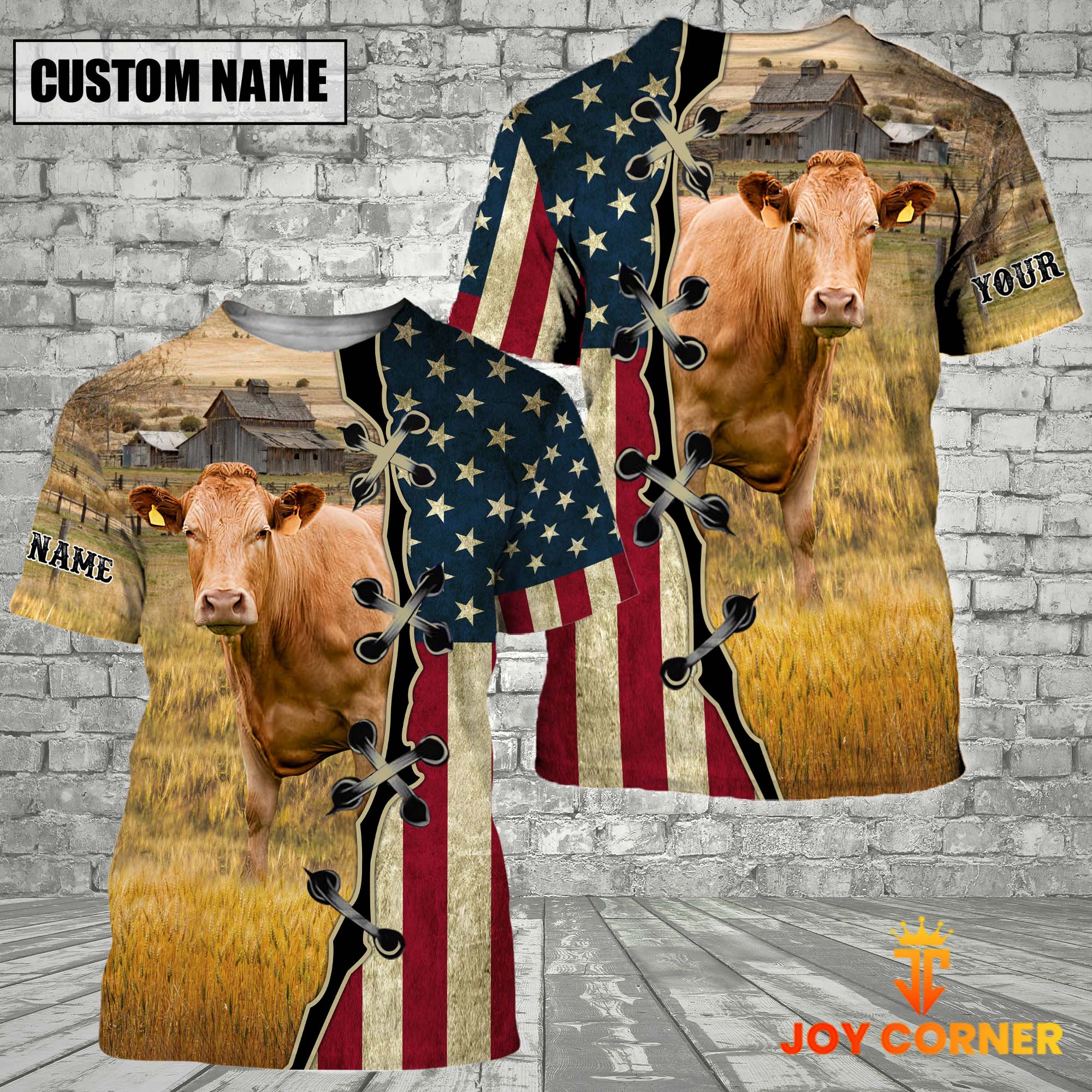 Custom Name Limousin Cattle American Flag 3D Shirt