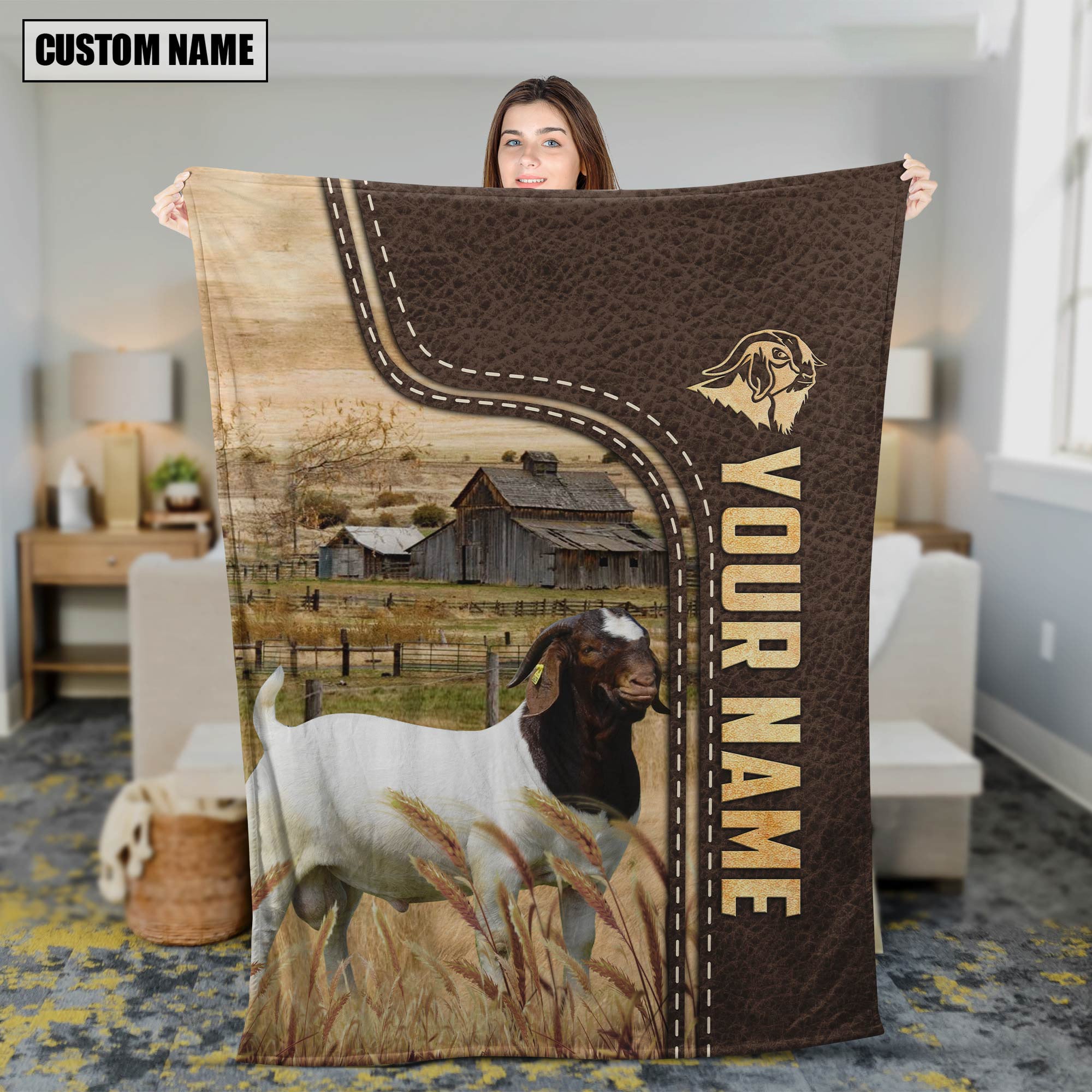 Personalized Name Boer Goats Leather Pattern Blanket