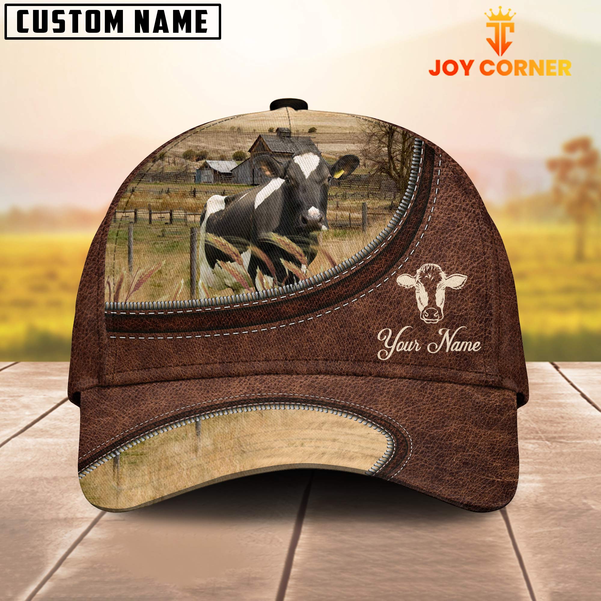 Holstein On The Farm Customized Name Leather Pattern Cap