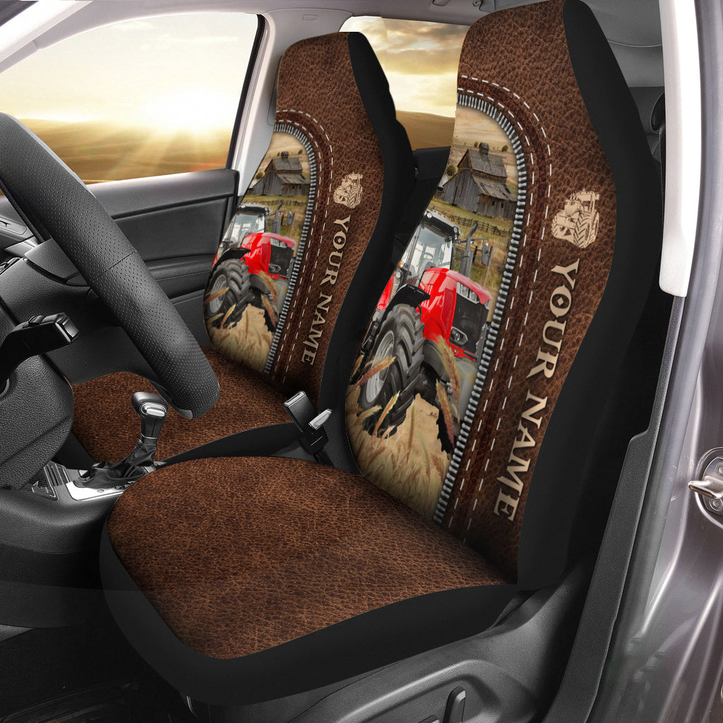 Red Tractor Personalized Name Leather Pattern Car Seat Covers Universal Fit (2Pcs)