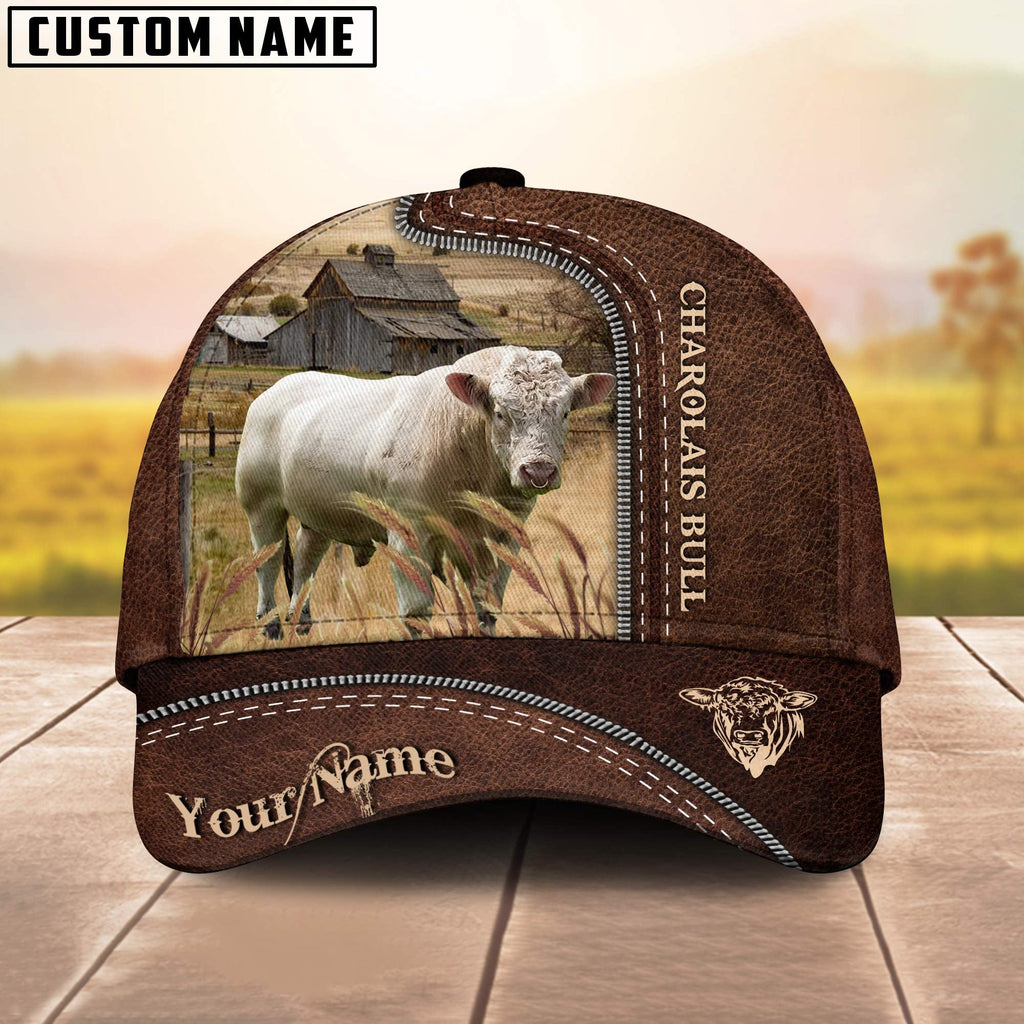 Charolais Bull Customized Name Leather Pattern Cap