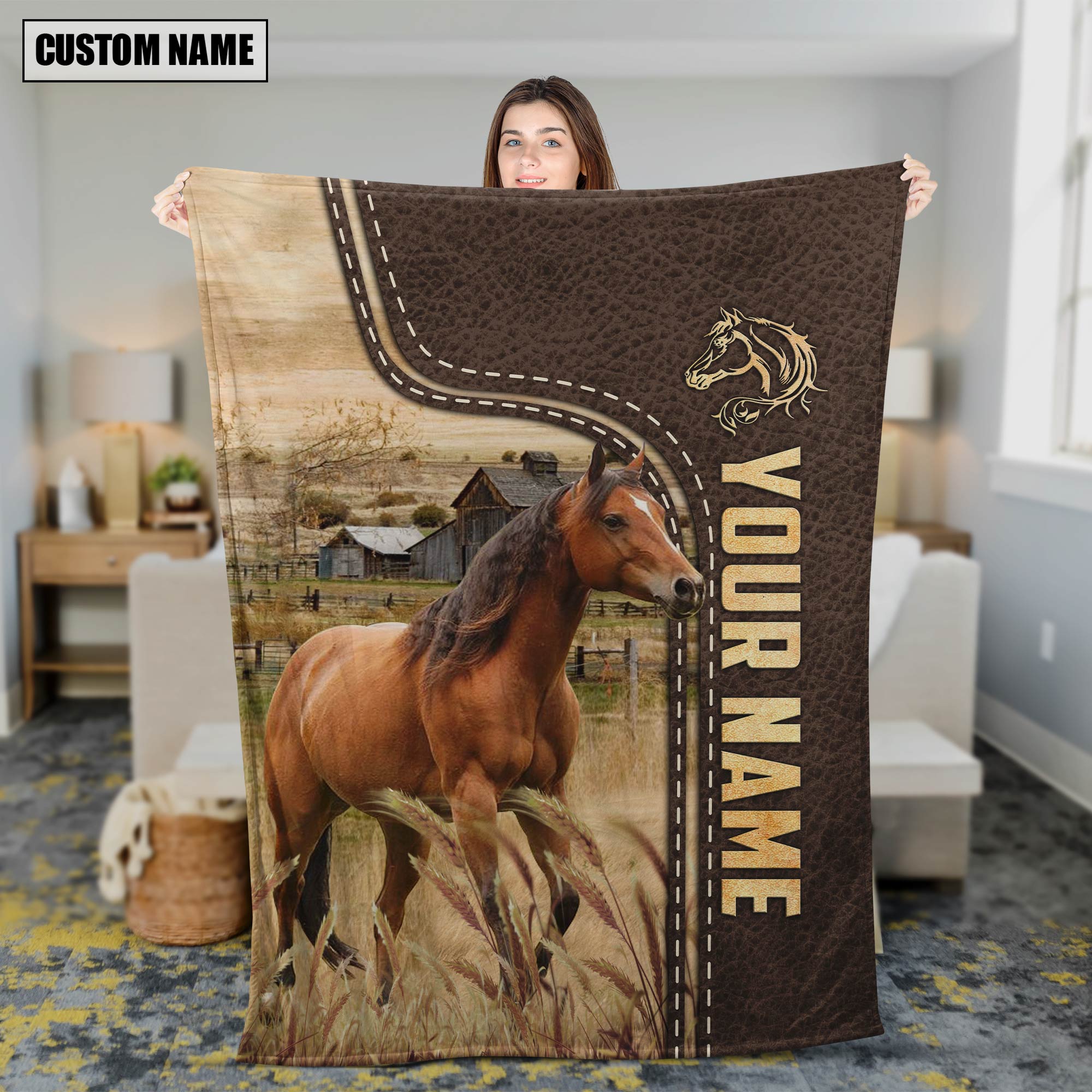 Personalized Name Horse Leather Pattern Blanket