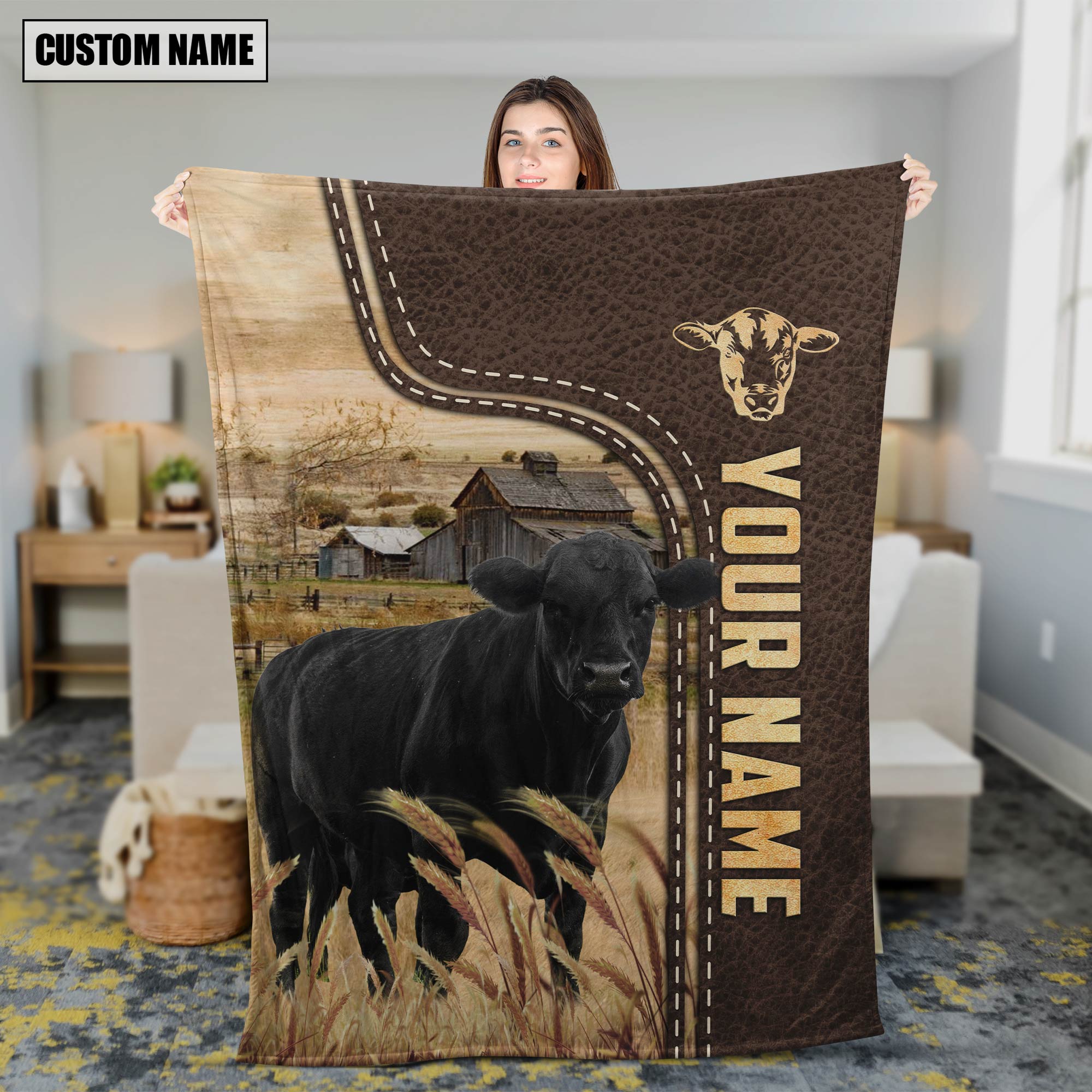 Personalized Name Black Angus Leather Pattern Blanket