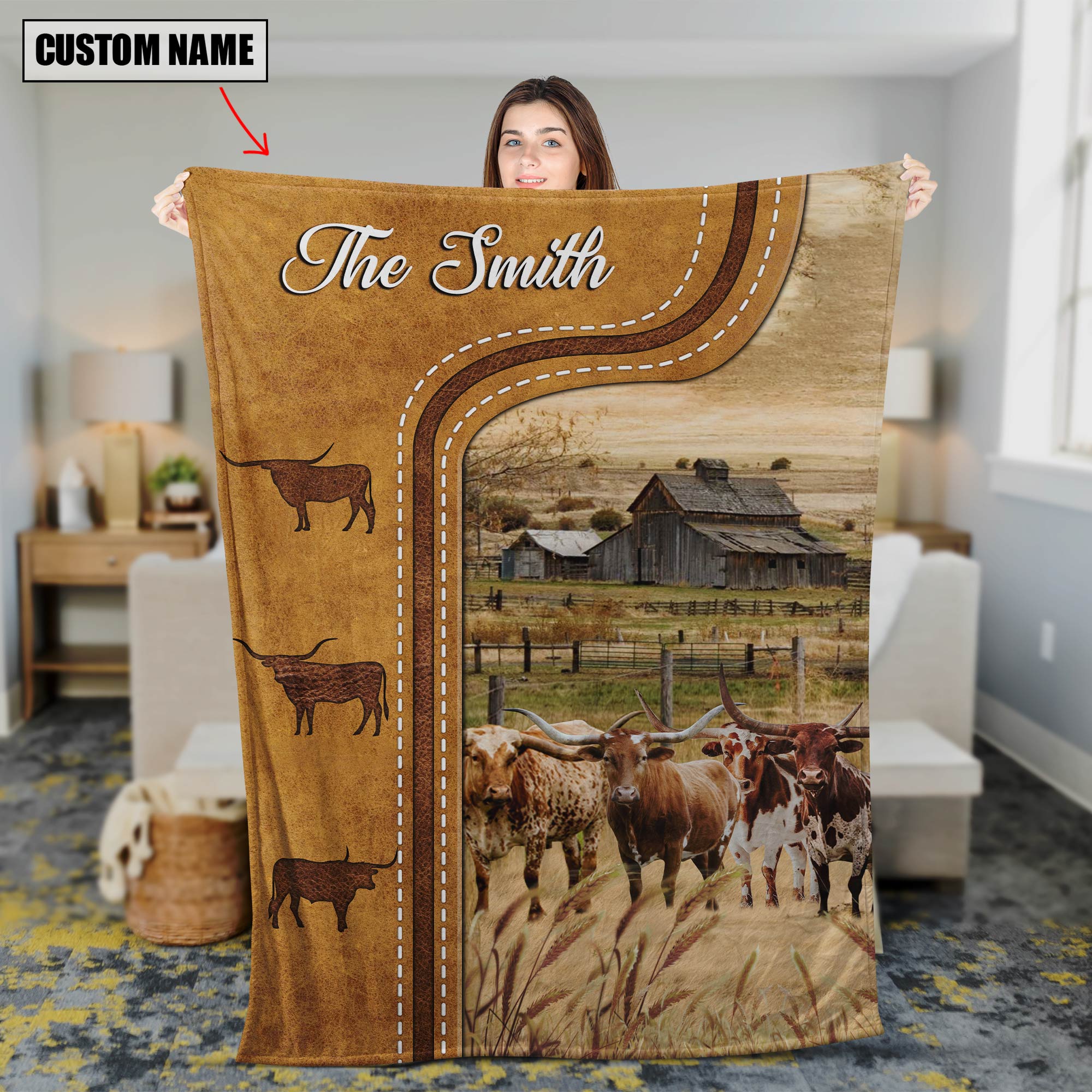 Personalized Texas Longhorn Cattle In Field Farmhouse Blanket