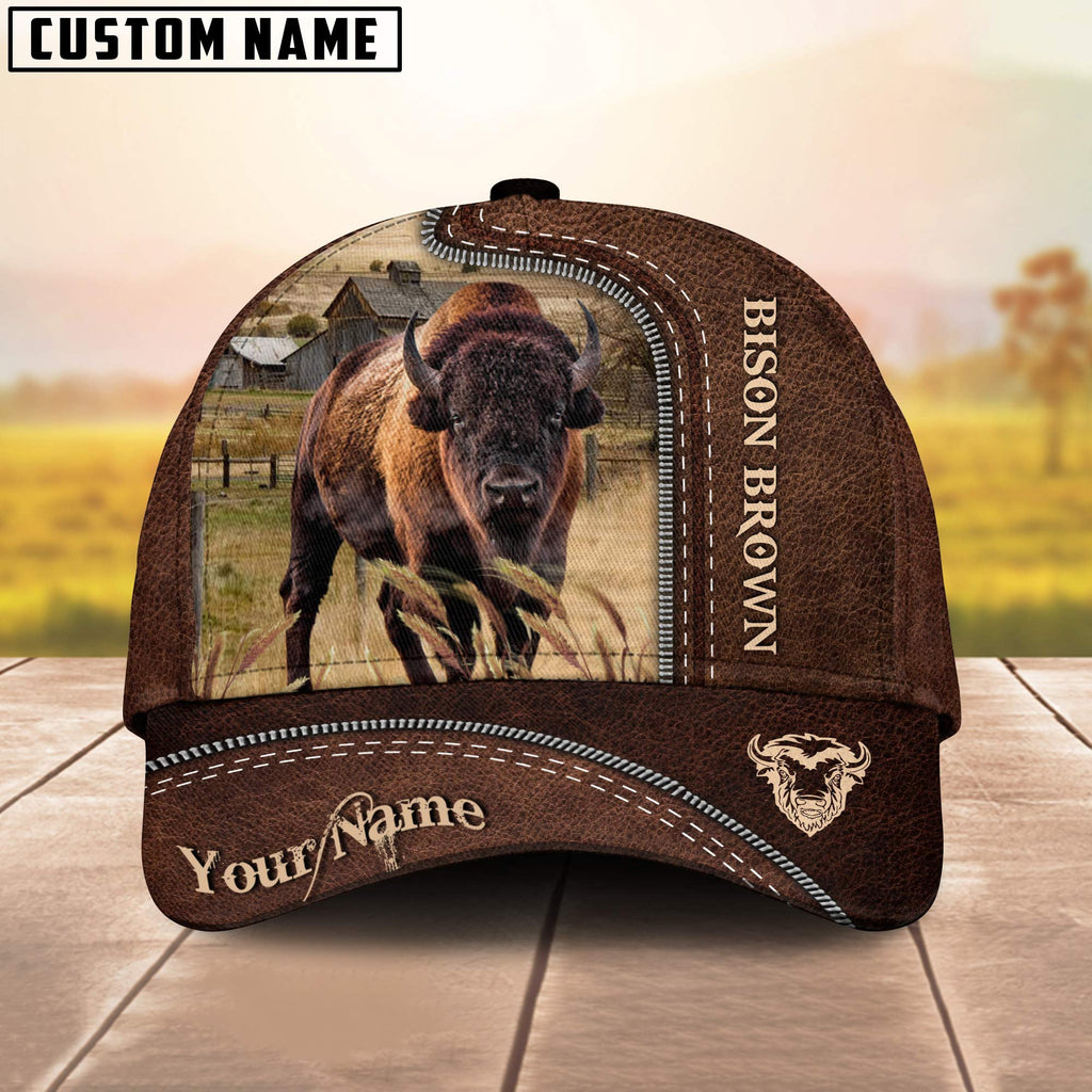 Bison Brown Customized Name Leather Pattern Cap