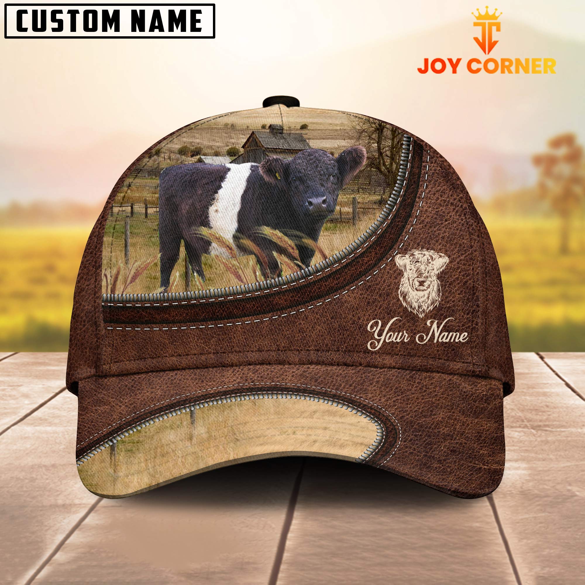 Belted Galloway On The Farm Customized Name Leather Pattern Cap