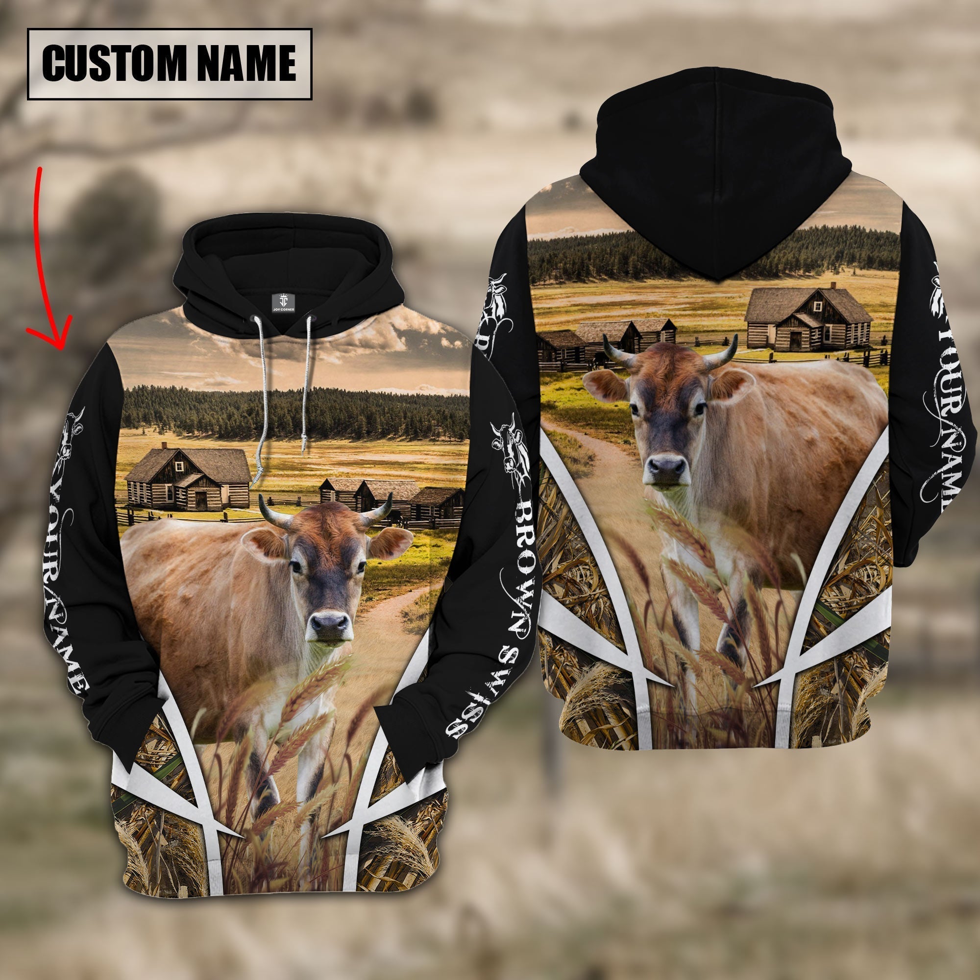 Brown Swiss Custom Name Meadow Pattern Black Hoodie