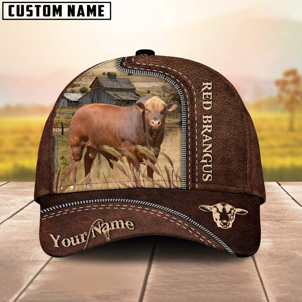 Red Brangus Customized Name Leather Pattern Cap