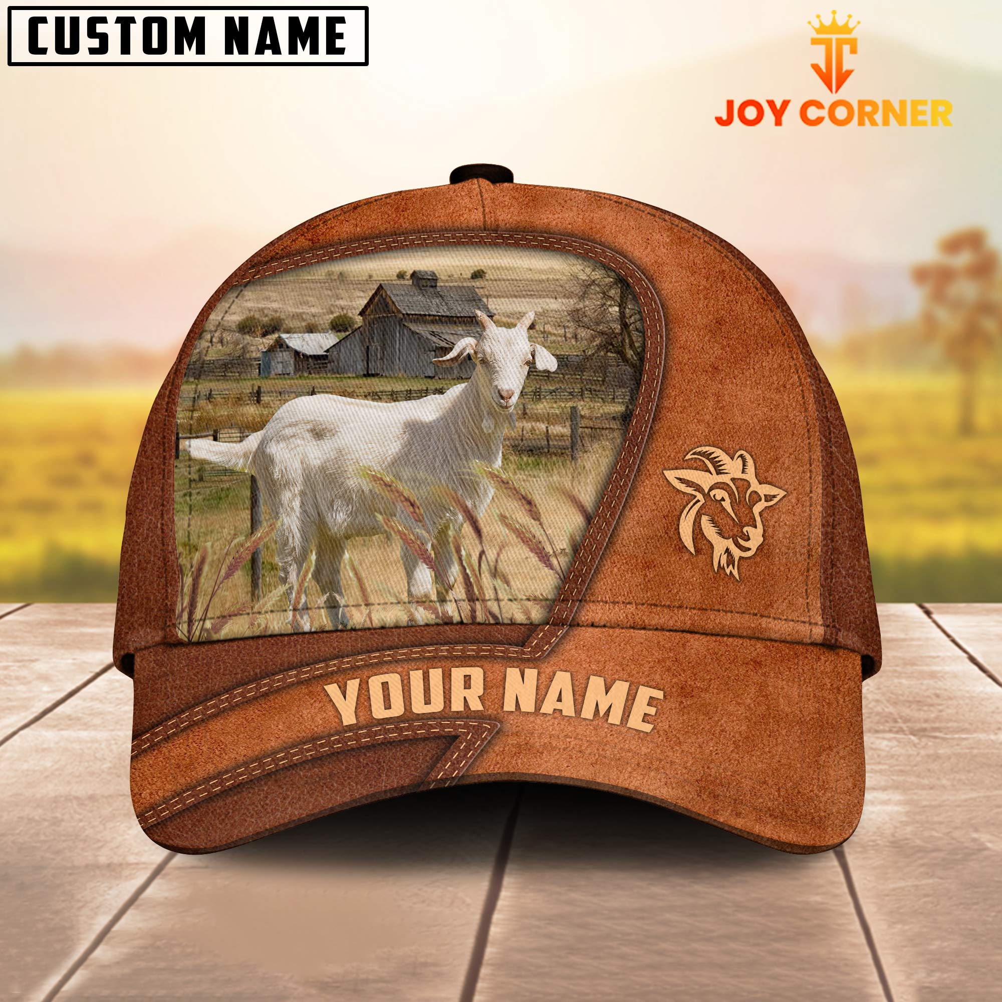Goat Customized Name Brown Leather Pattern Cap
