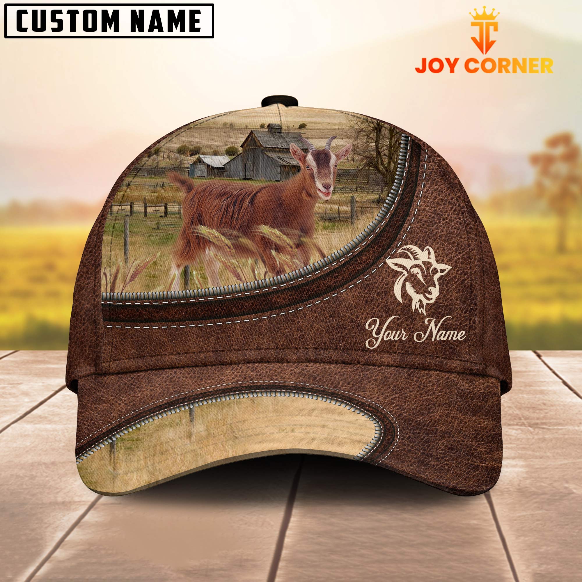 Goat On The Farm Customized Name Leather Pattern Cap
