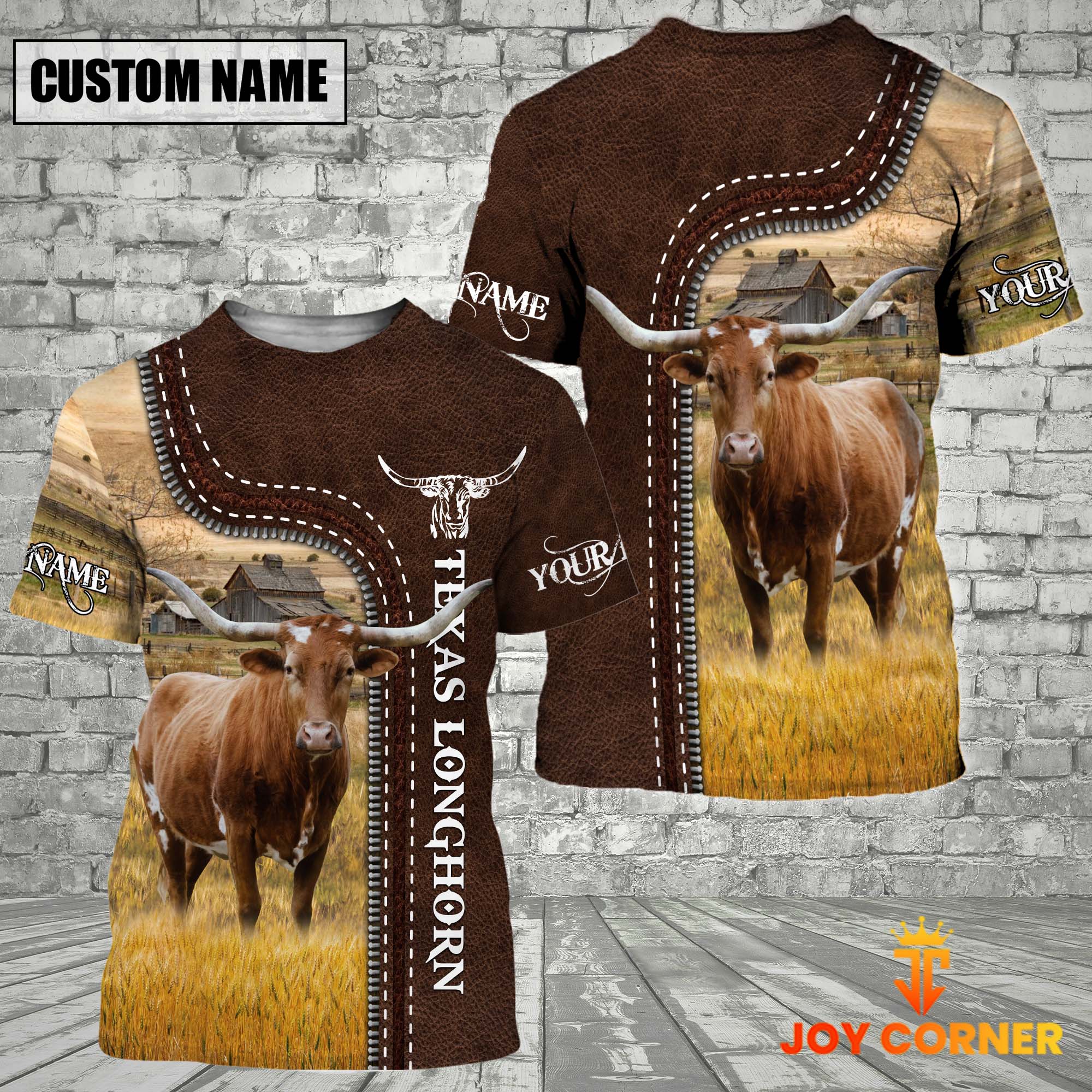 Texas Longhorn Farm Custom Name Leather Pattern T-Shirt