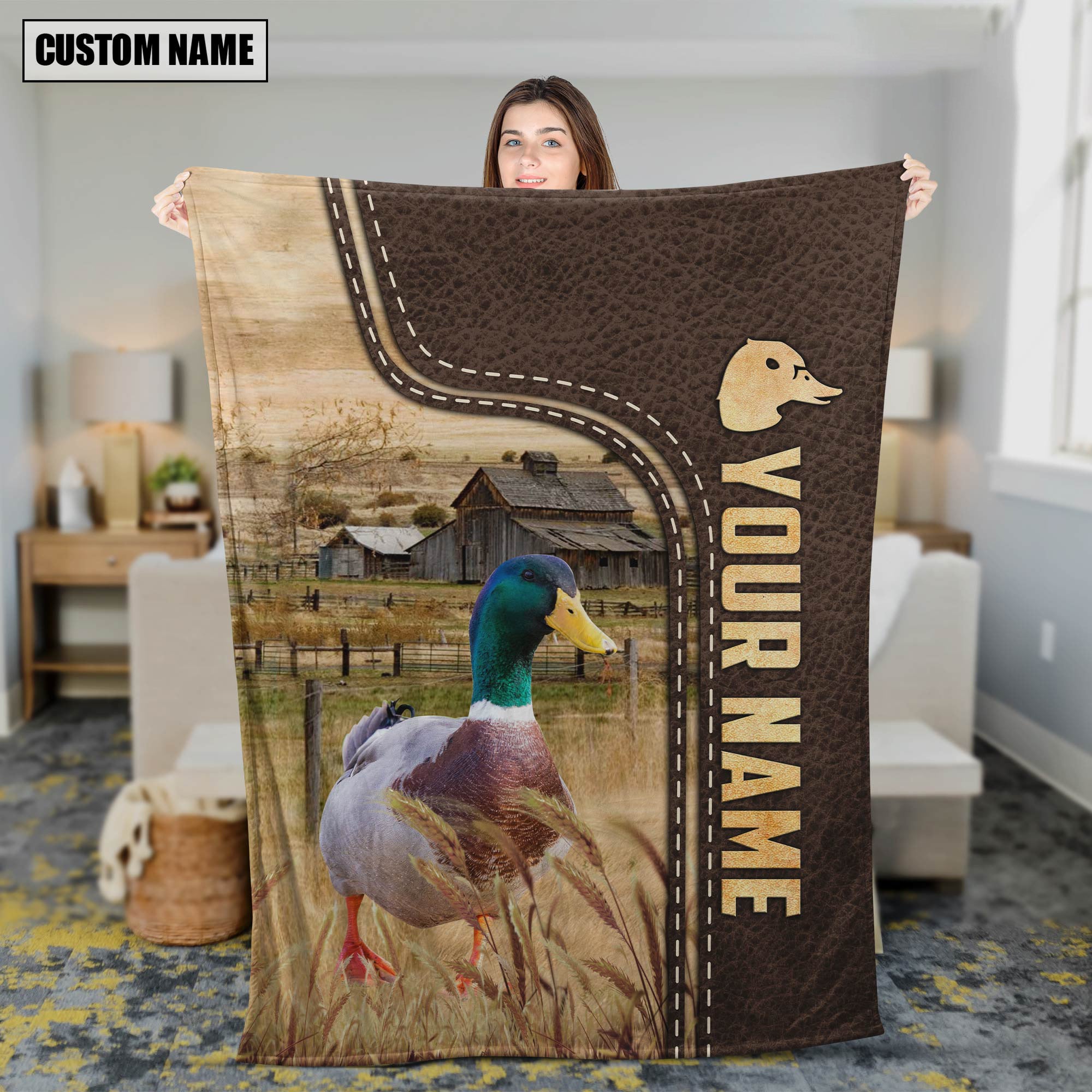 Duck Custom Name Leather Pattern Blanket