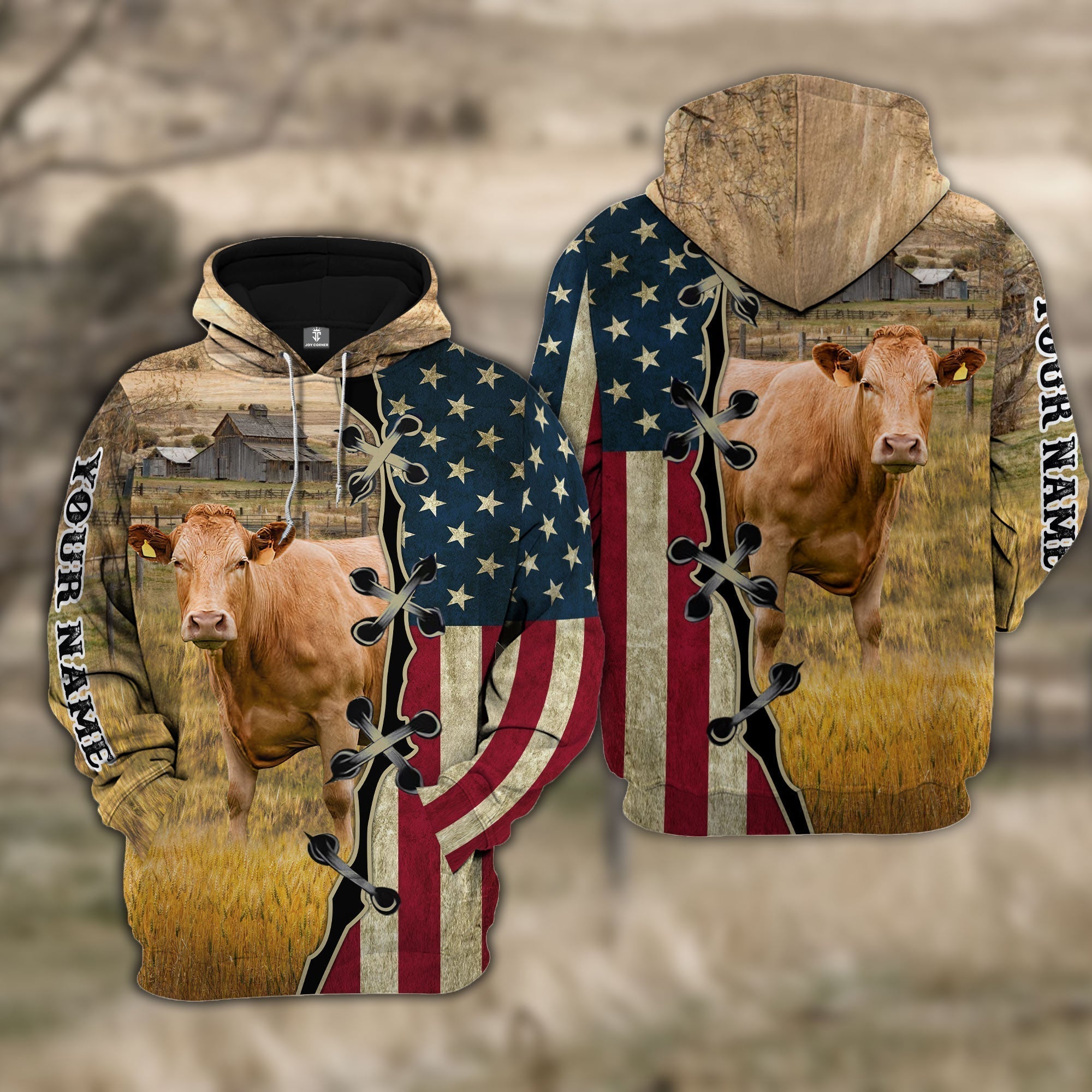 Custom Name Limousin Cattle American Flag 3D Shirt