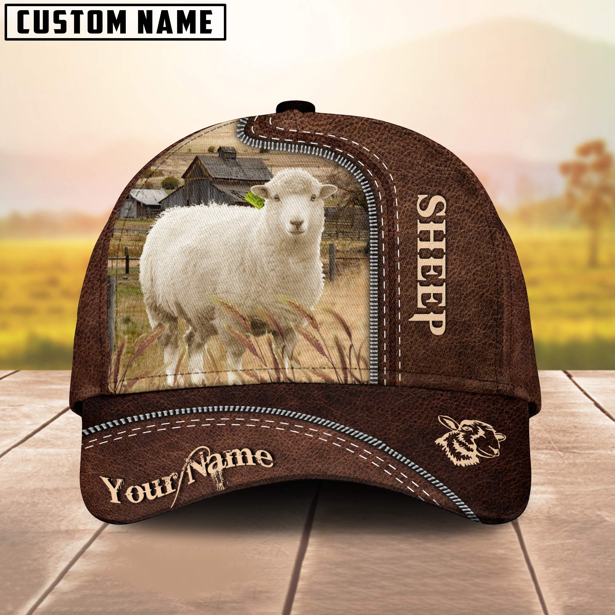 Sheep Customized Name Leather Pattern Cap