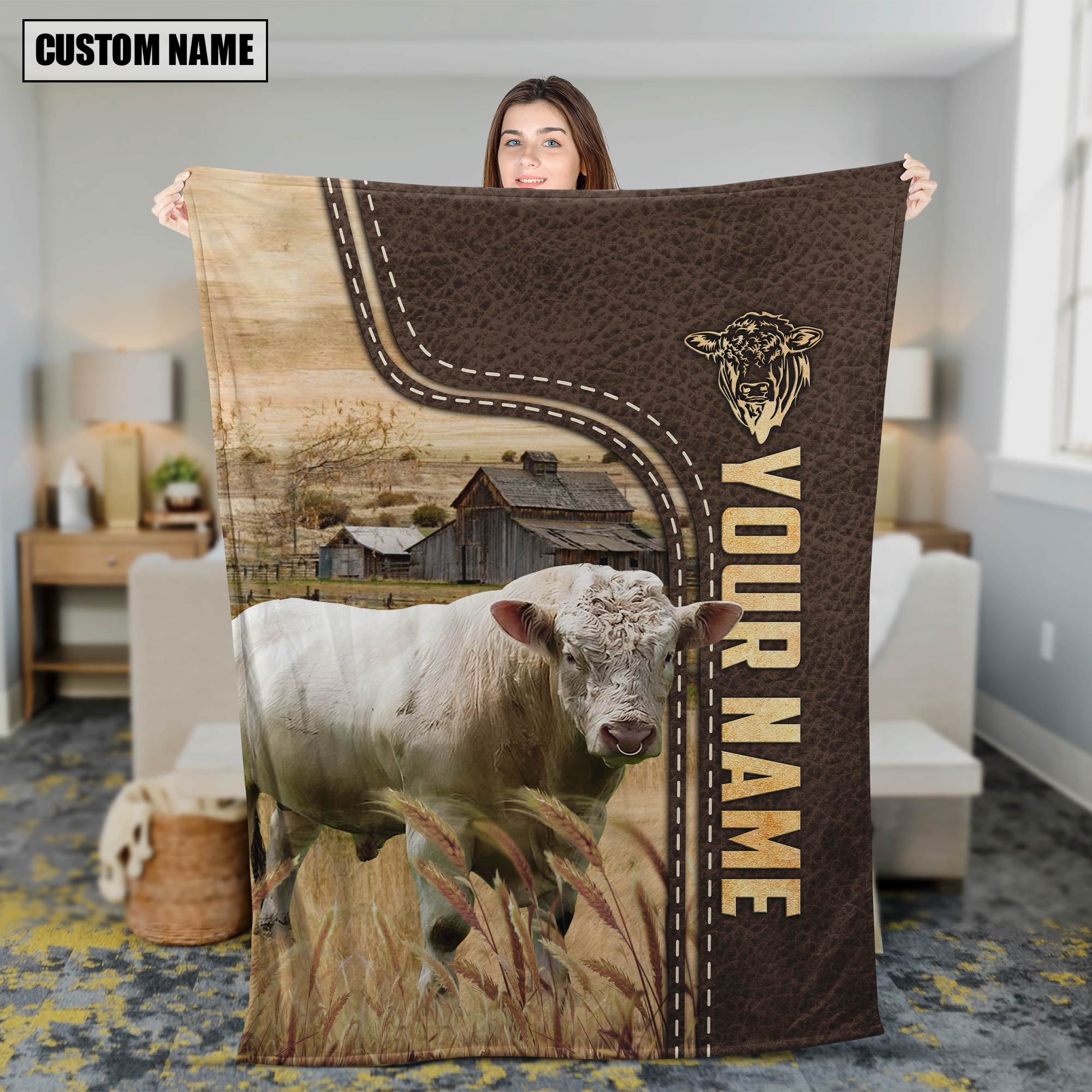 Personalized Name Charolais Bull Leather Pattern Blanket