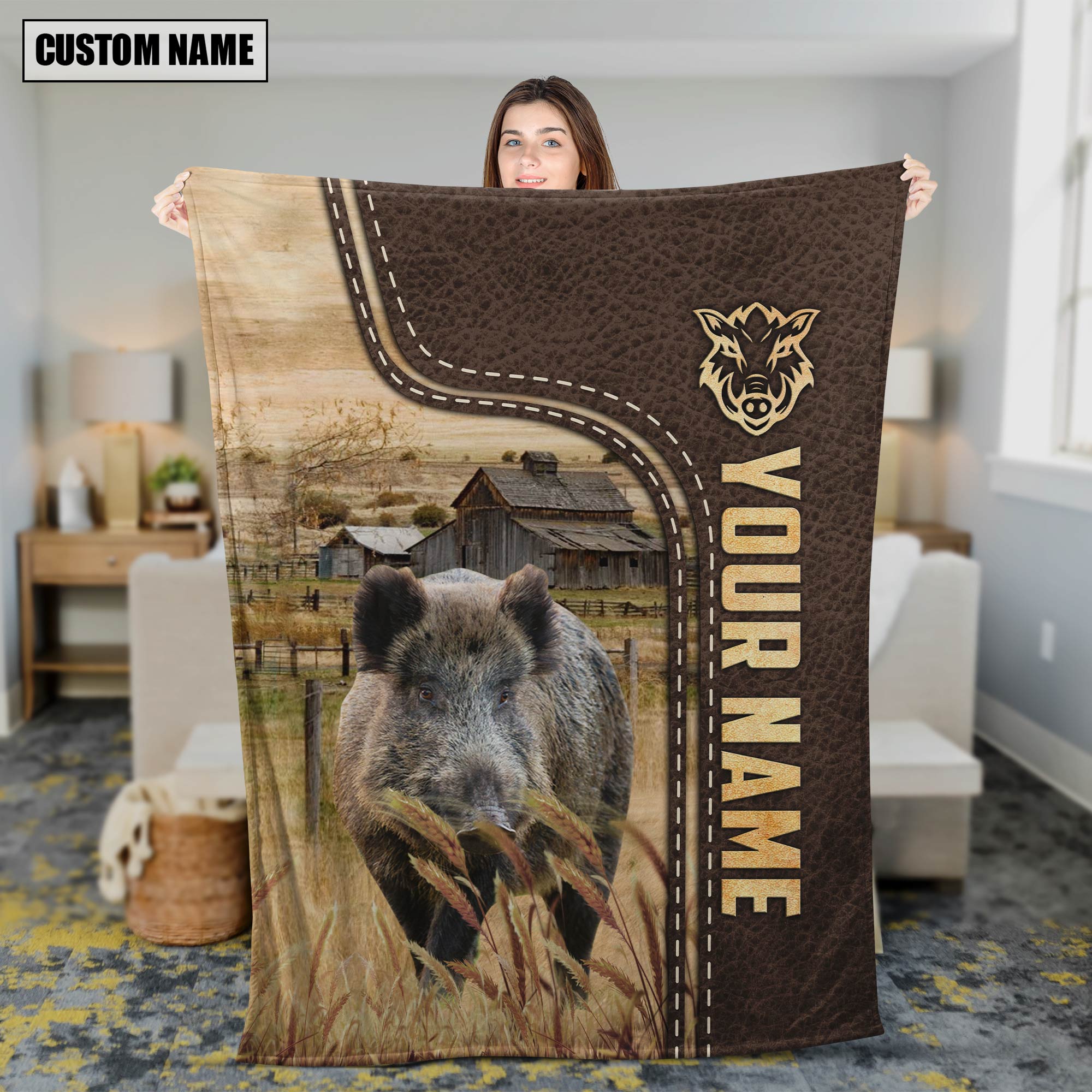 Personalized Name Hogs Leather Pattern Blanket