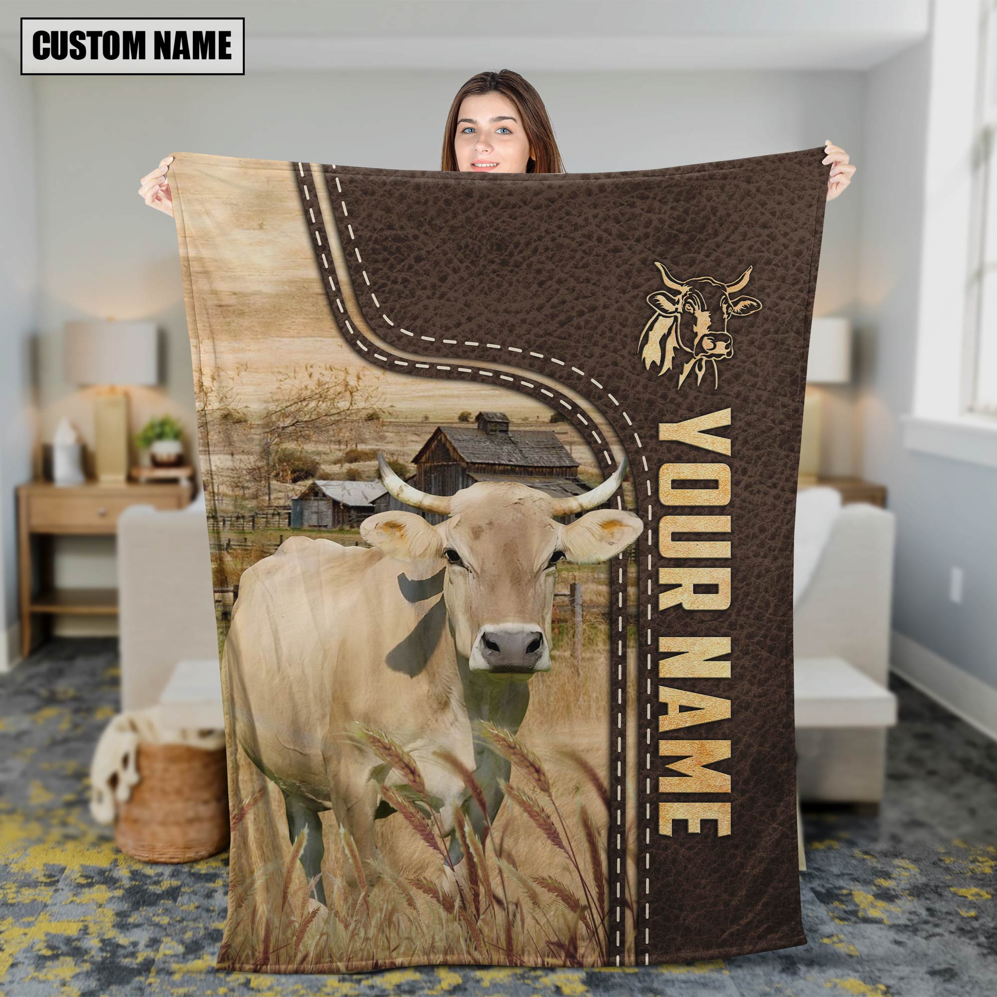 Personalized Name Braunvieh Leather Pattern Blanket