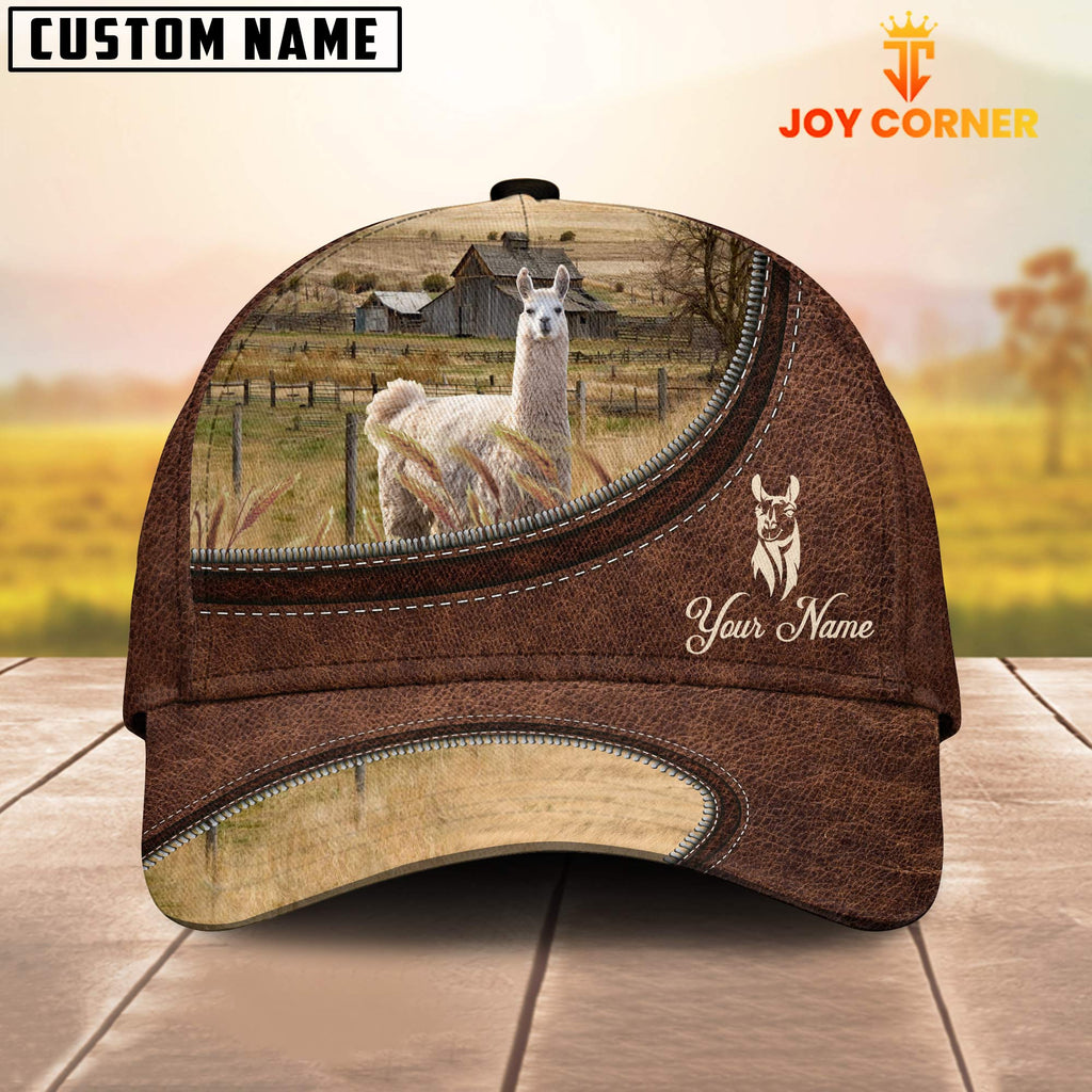Llama On The Farm Customized Name Leather Pattern Cap