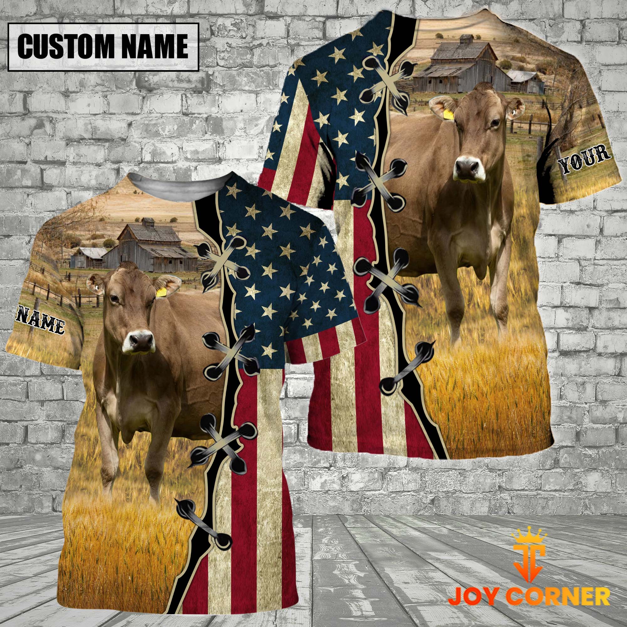Custom Name Brown Swiss Cattle American Flag 3D Shirt
