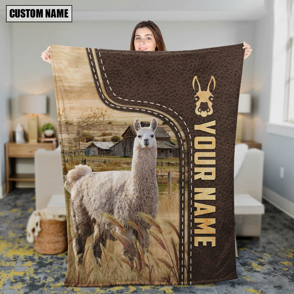 Personalized Name Llama Leather Pattern Blanket