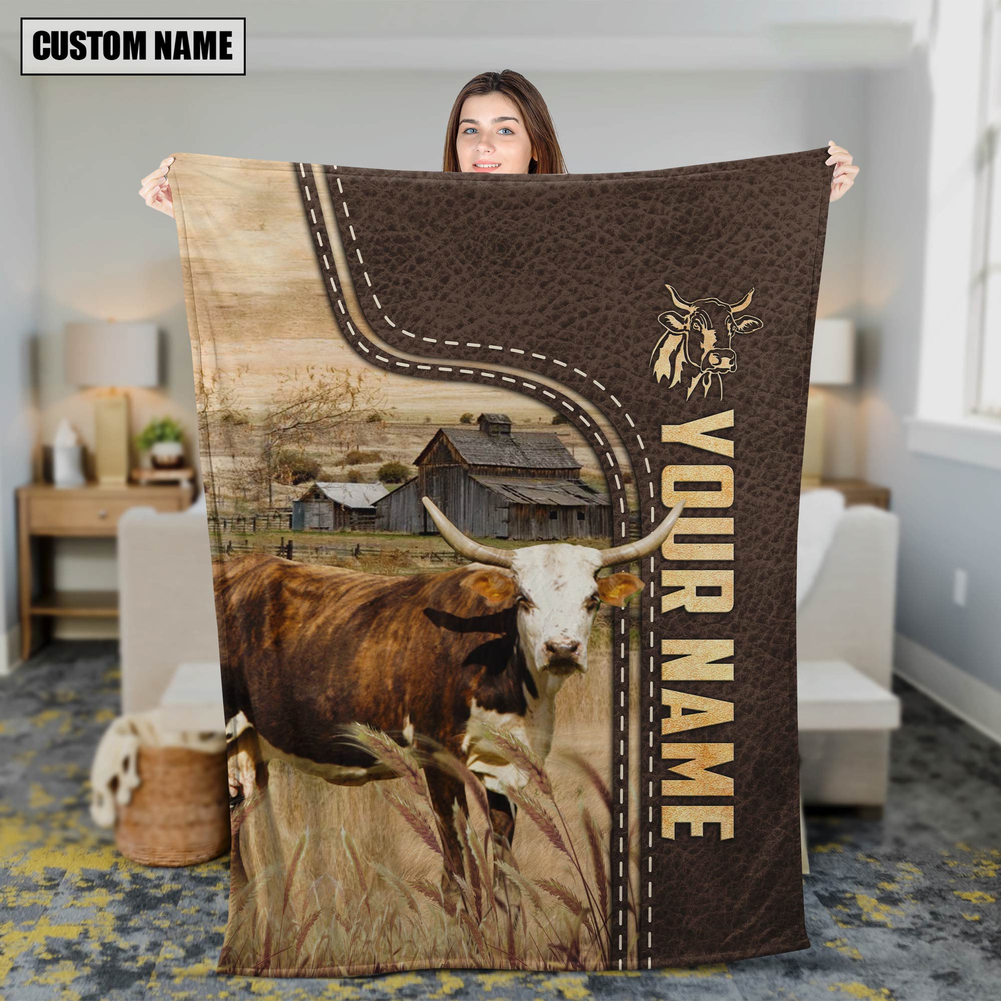 Personalized Name Florida Cracker Cow Leather Pattern Blanket