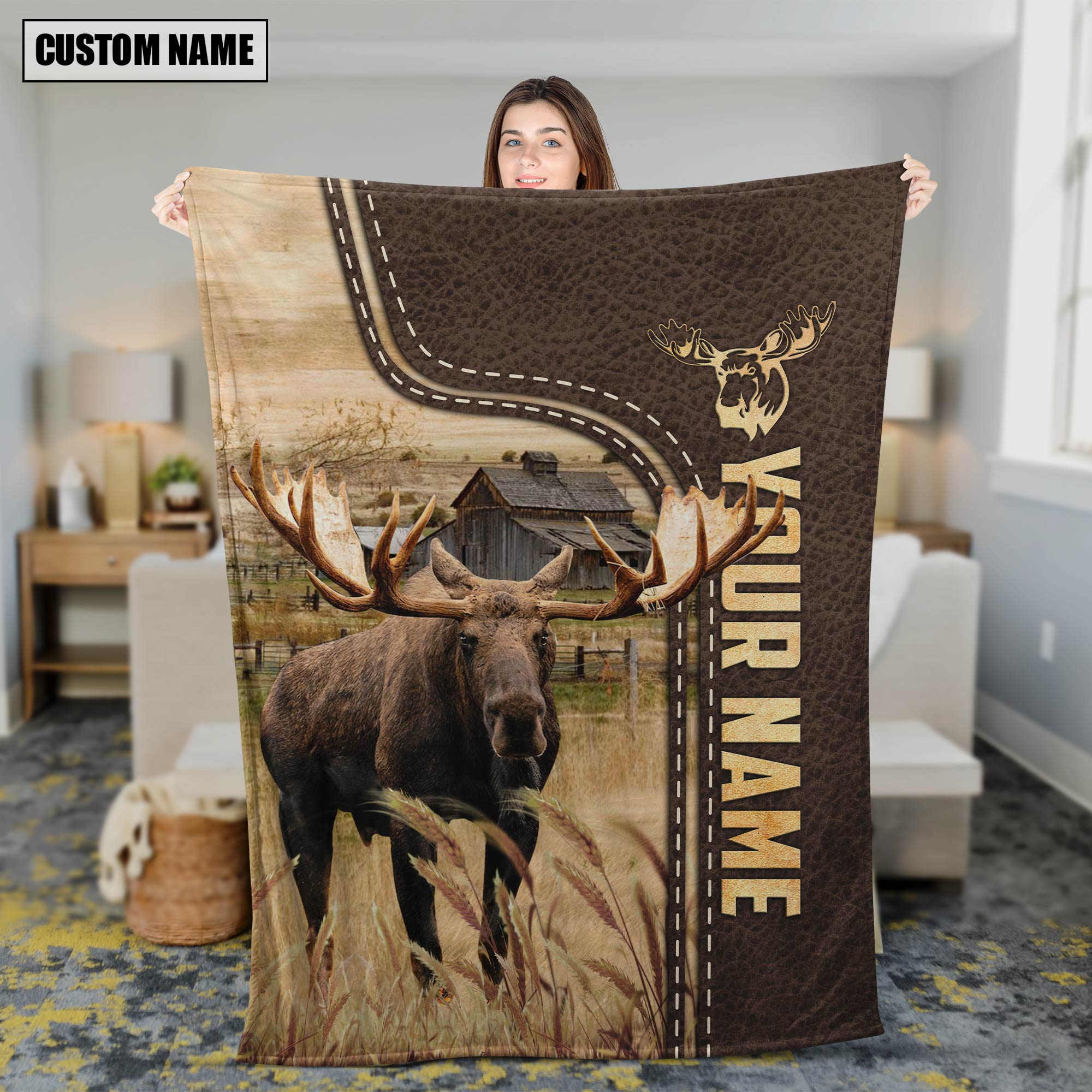 Personalized Name Moose Leather Pattern Blanket