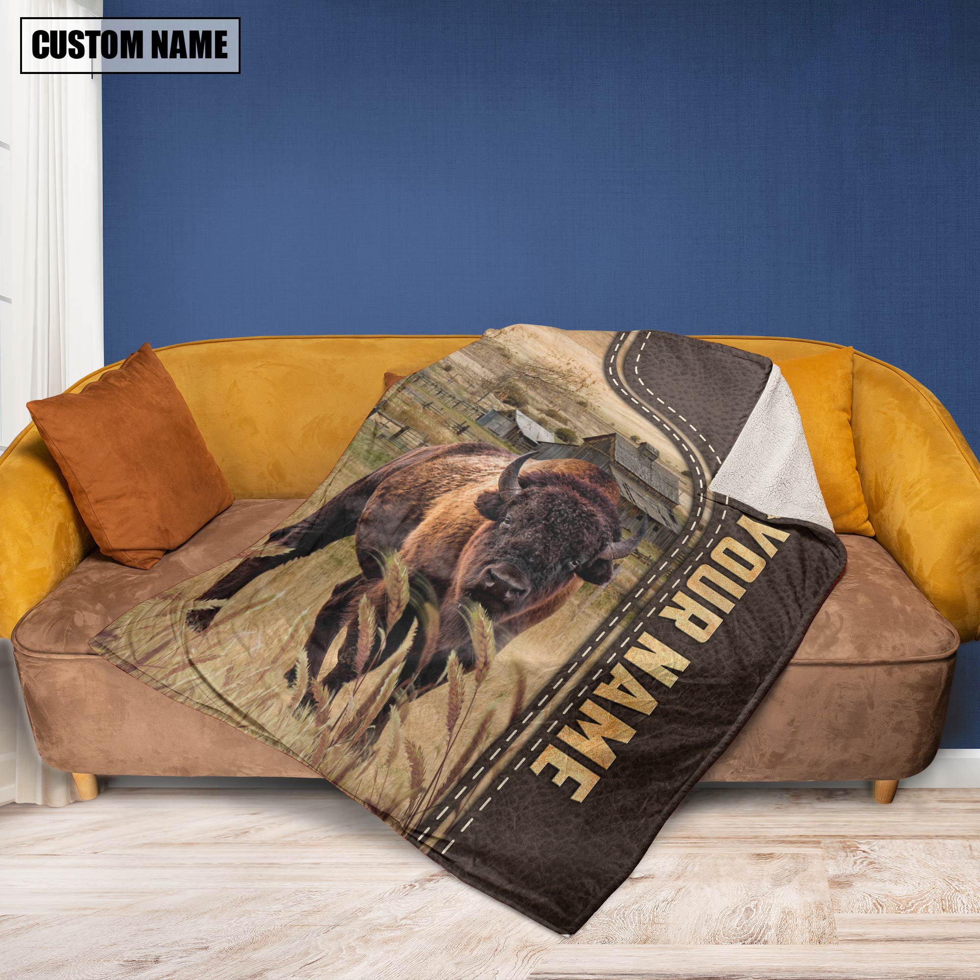 Personalized Name Bison Brown Leather Pattern Blanket