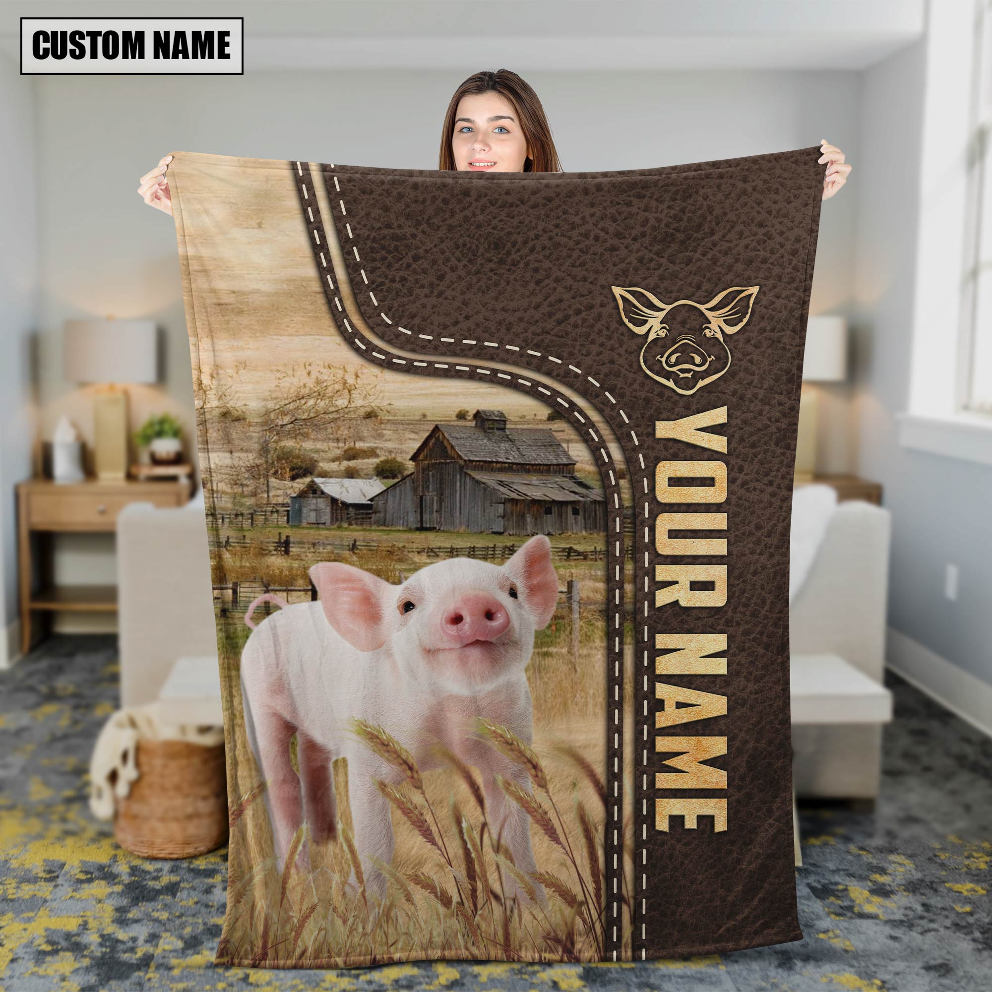 Personalized Name Pig Leather Pattern Blanket
