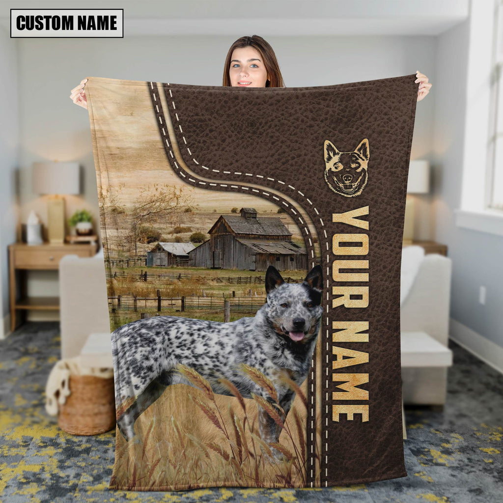 Personalized Name Australian Cattle Dog Leather Pattern Blanket