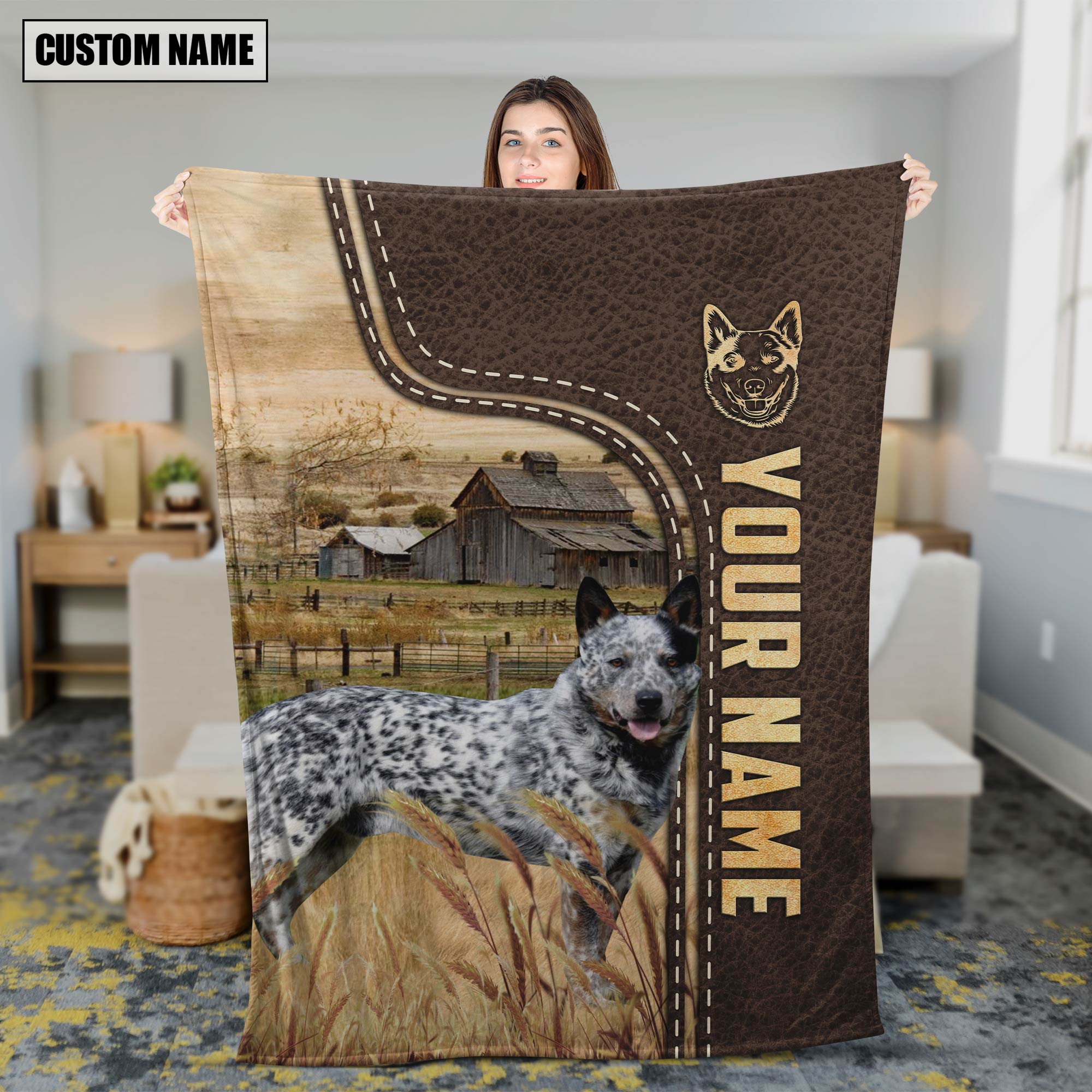 Personalized Name Australian Cattle Dog Leather Pattern Blanket
