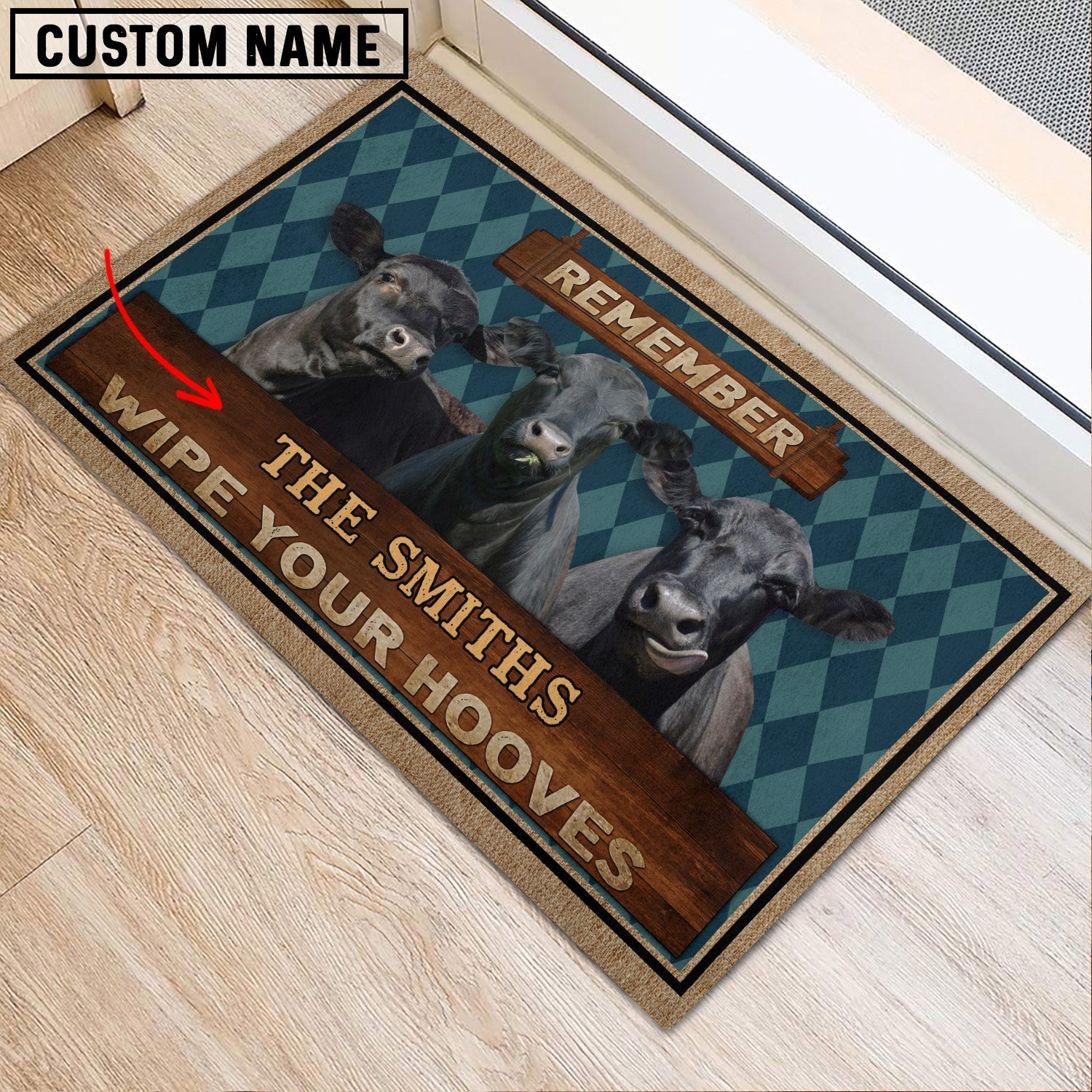 Black Angus Wipe Your Hooves Custom Name Doormat