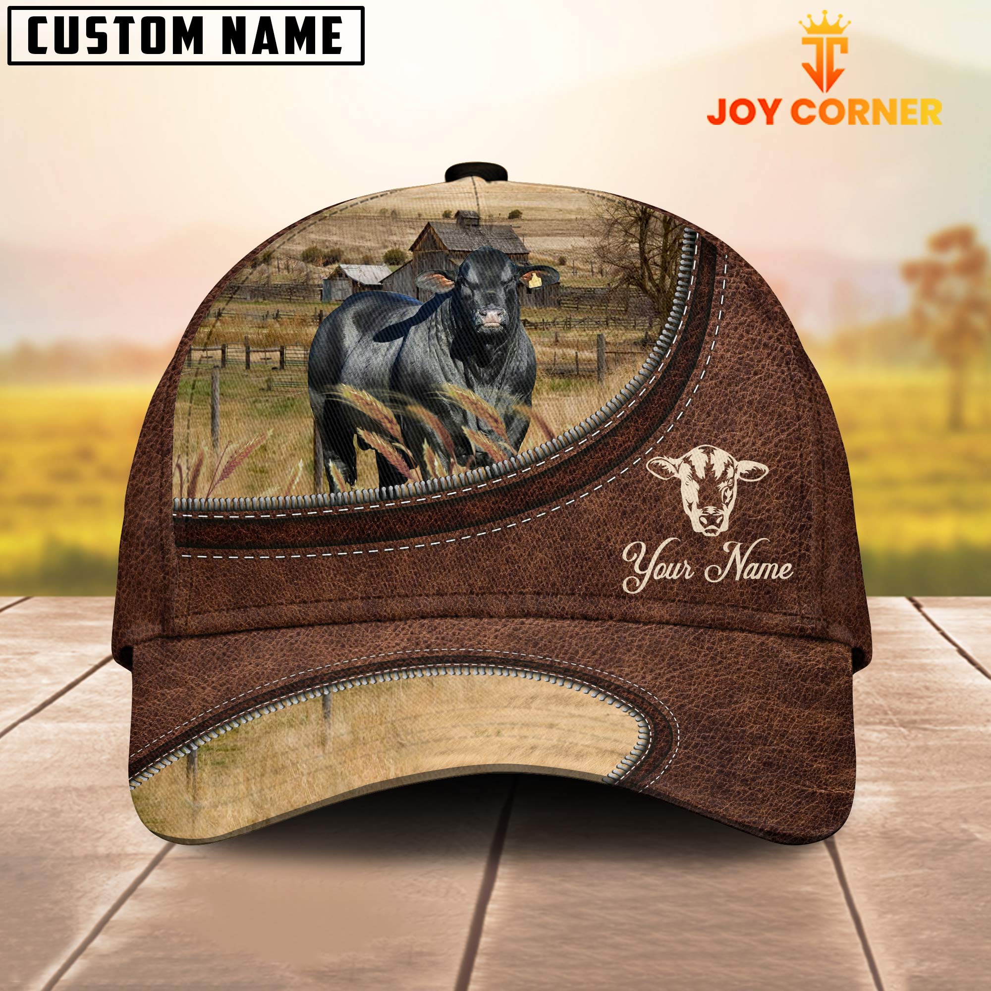 Brangus On The Farm Customized Name Leather Pattern Cap