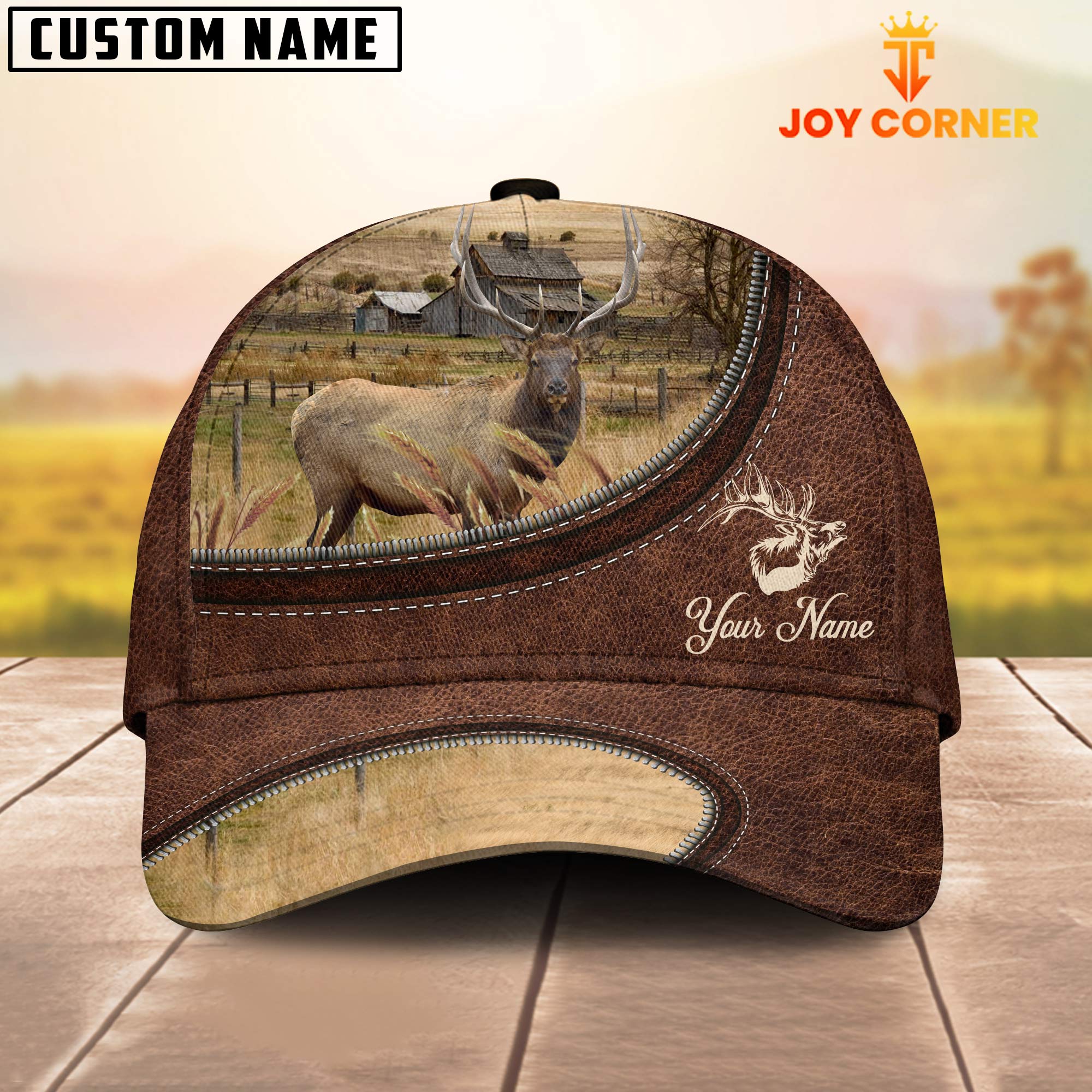Elk On The Farm Customized Name Leather Pattern Cap