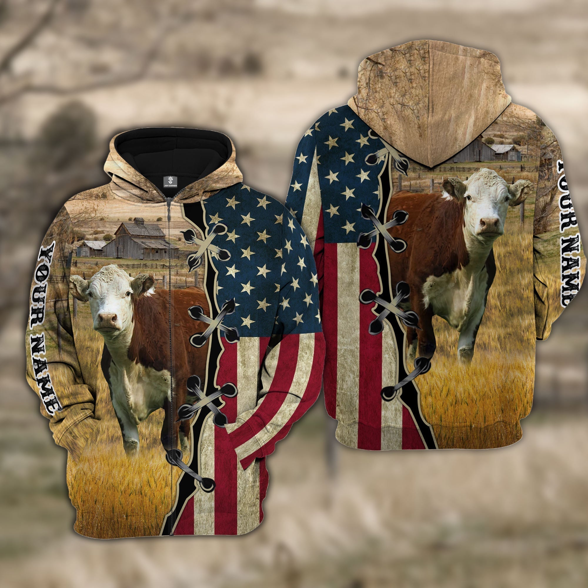 Custom Name Hereford Cattle American Flag 3D Shirt