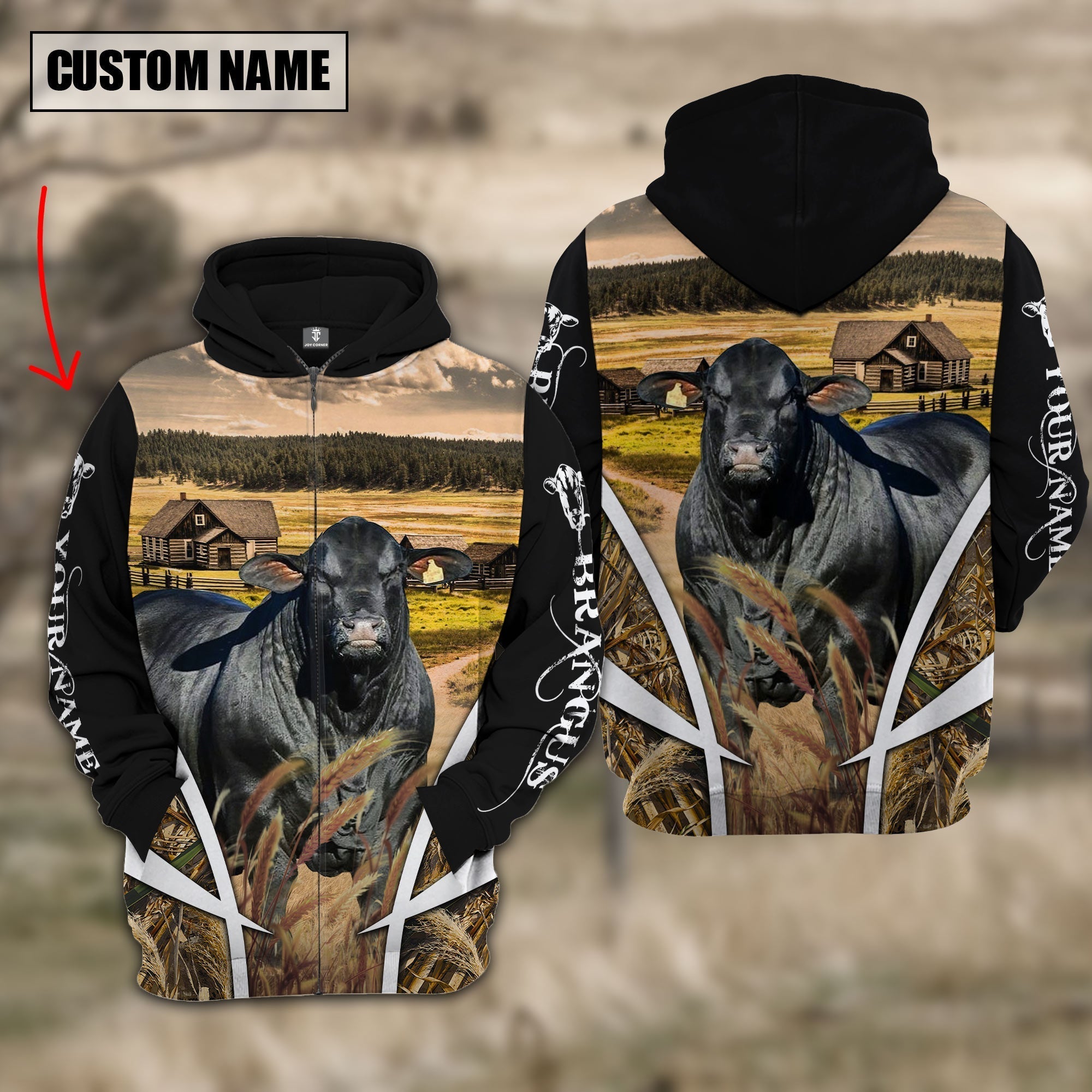Brangus Custom Name Meadow Pattern Black Hoodie
