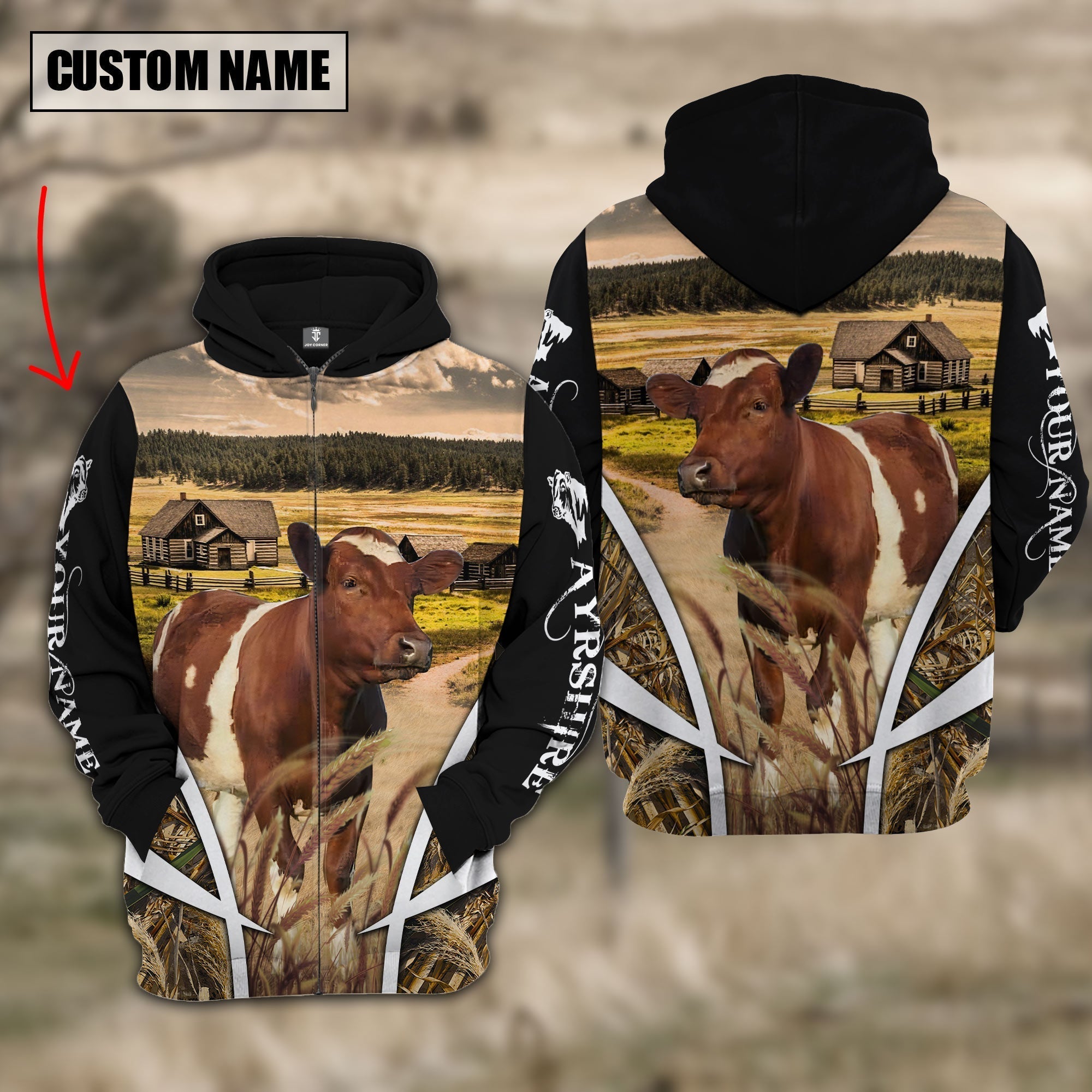 Ayrshire No Horns Custom Name Meadow Pattern Black Hoodie