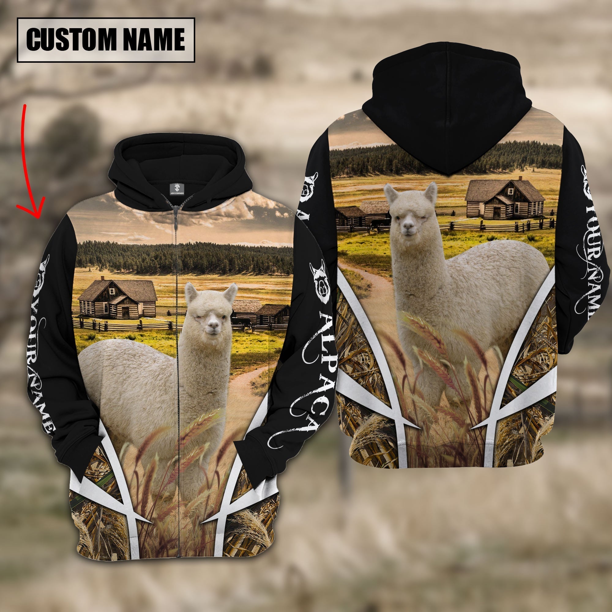 Alpaca Custom Name Meadow Pattern Black Hoodie
