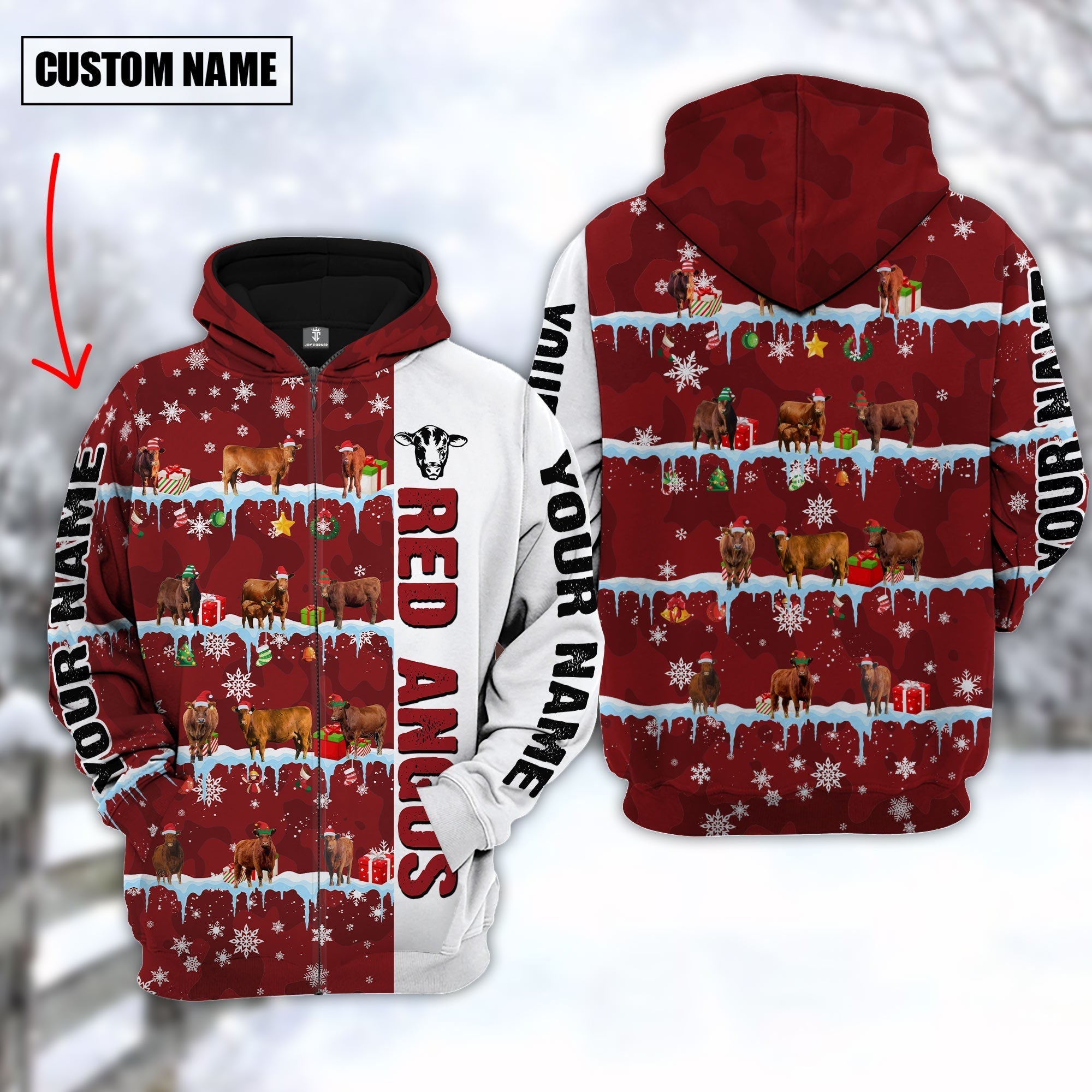 Personalized Name Red Angus Cattle Christmas 3D Hoodie