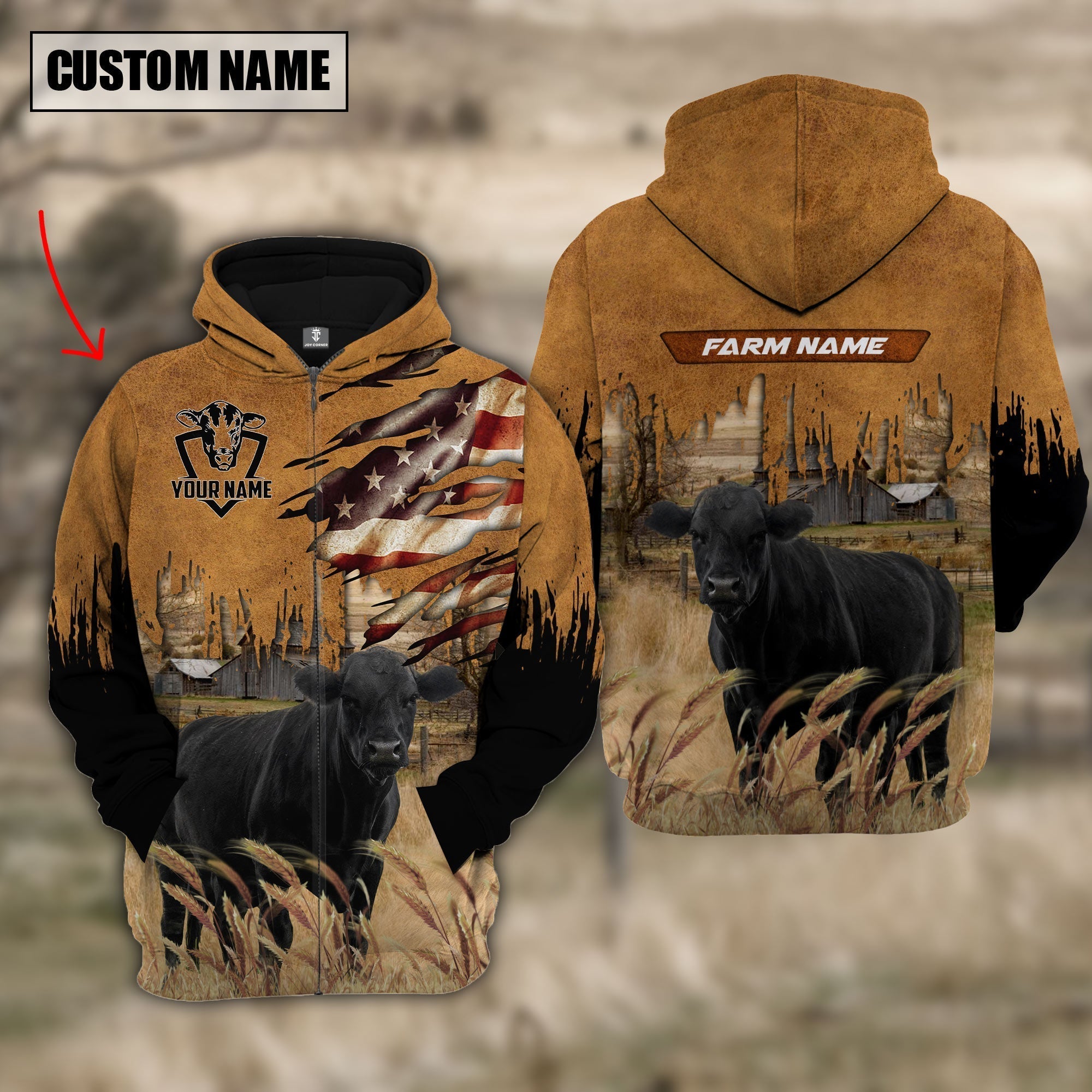 Black Angus Custom Name US FLAG Pattern Hoodie