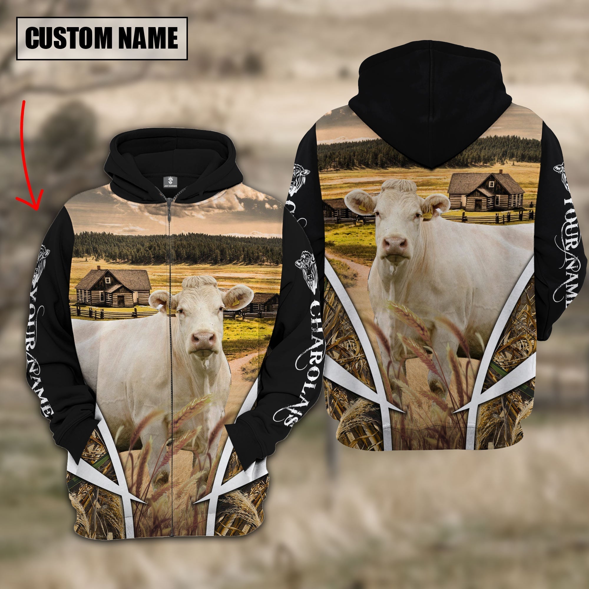Charolais No Horns Custom Name Meadow Pattern Black Hoodie