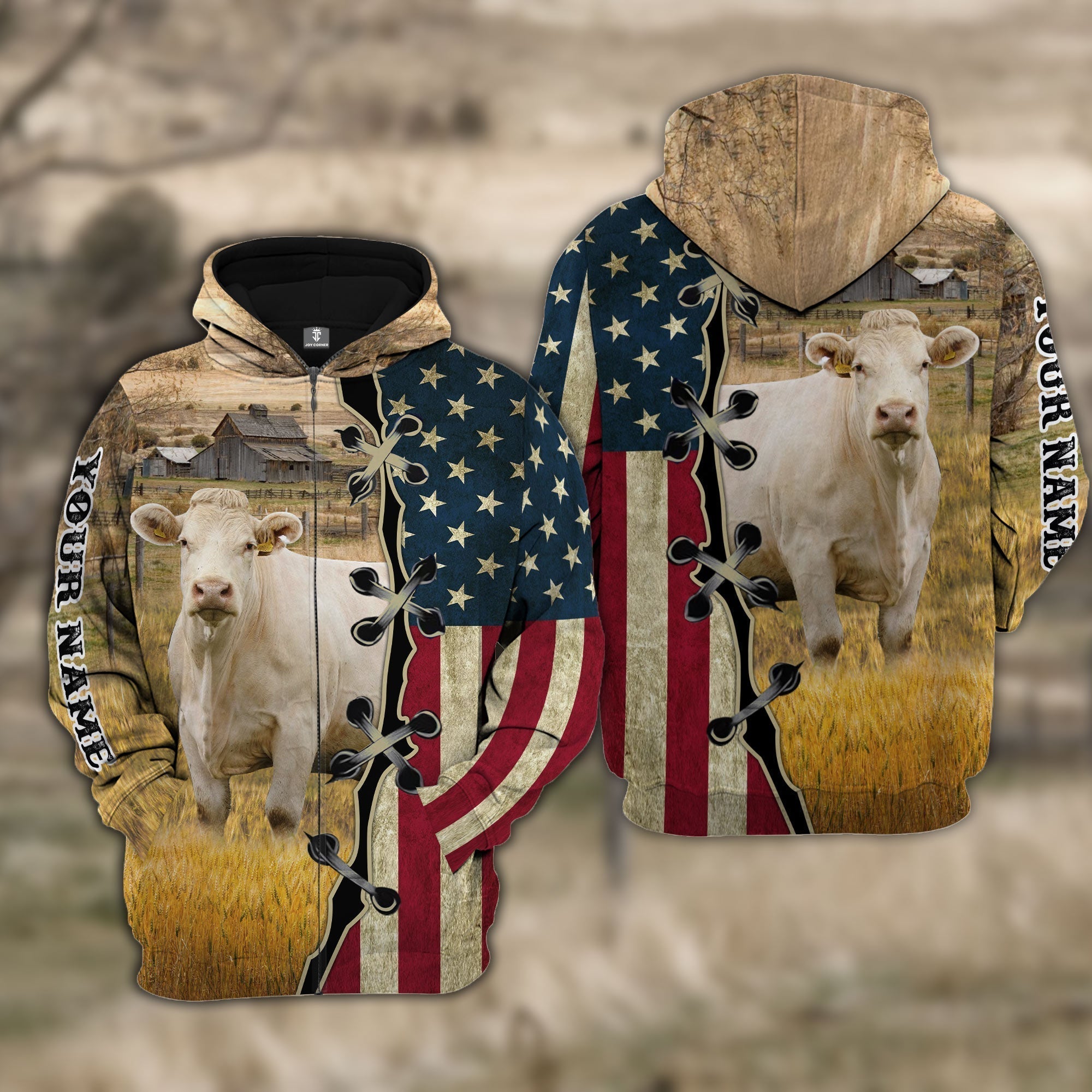 Custom Name Charolais Cattle American Flag 3D Shirt