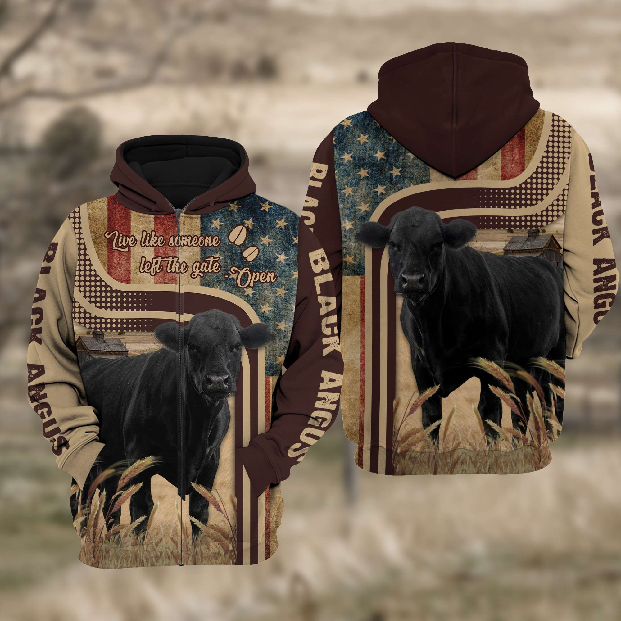 Black Angus Cattle US Flag All Over Printed 3D Cattle Hoodie TT2