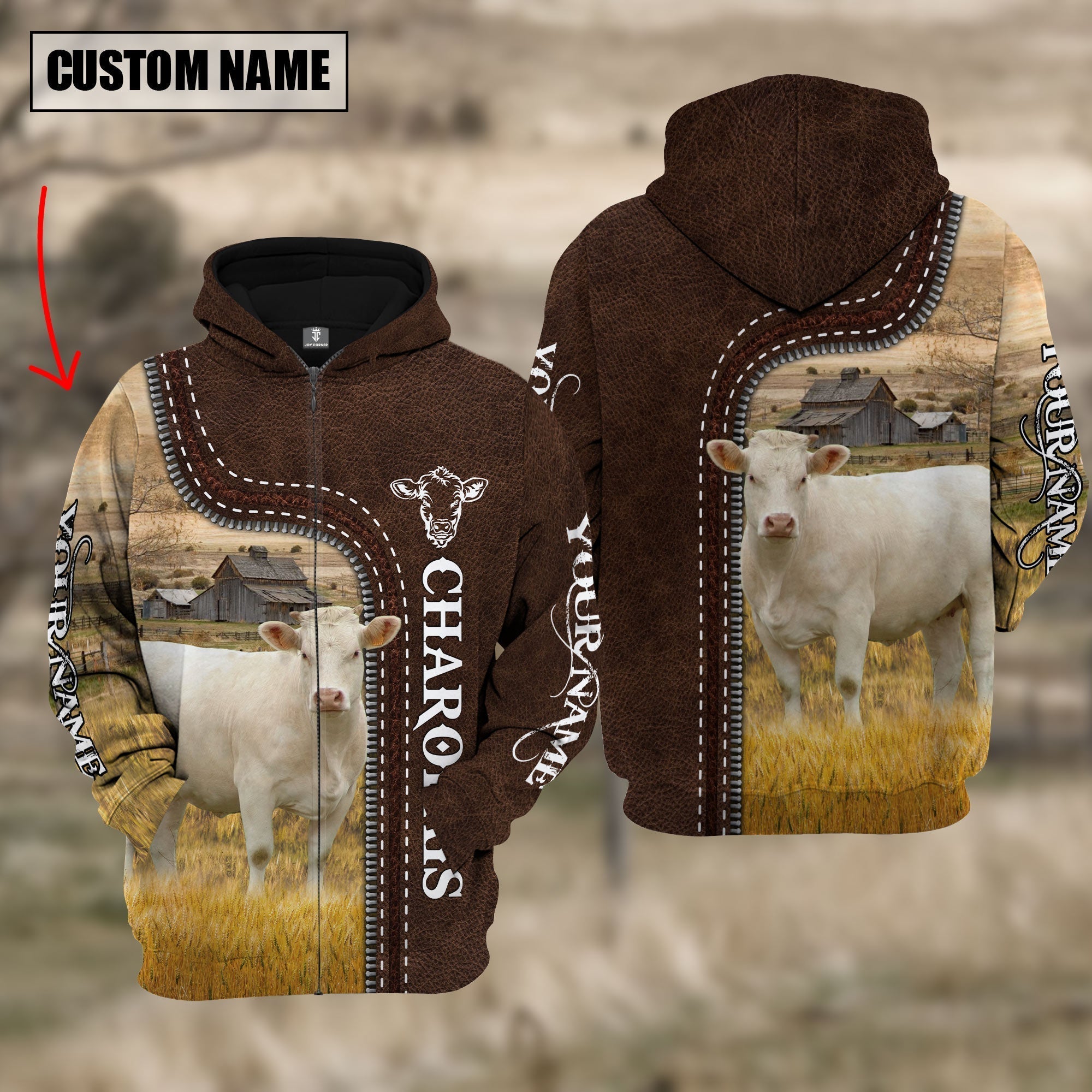 Charolais Farming Leather Pattern Personalized 3D Hoodie